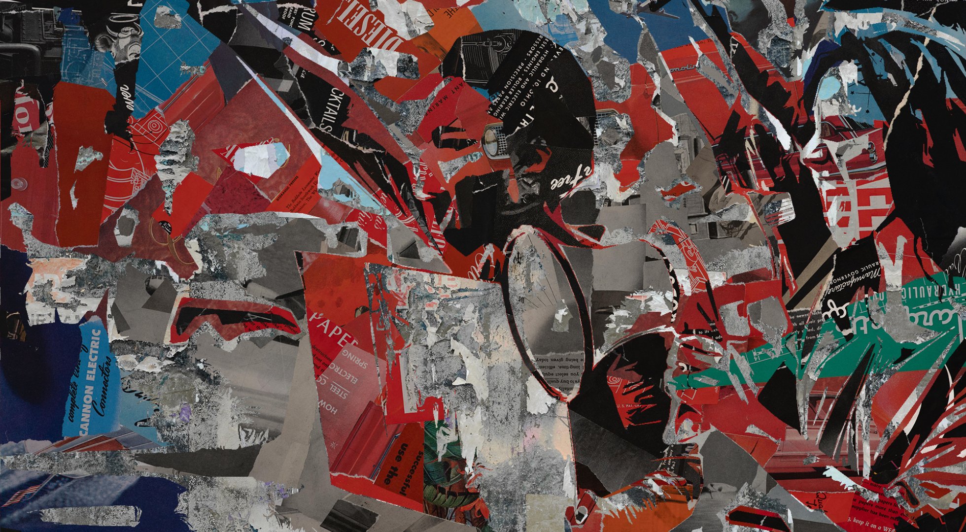 Abstract collage of torn and layered paper, featuring a mix of red, black, gray, blue, and green colors with text and graphic elements.