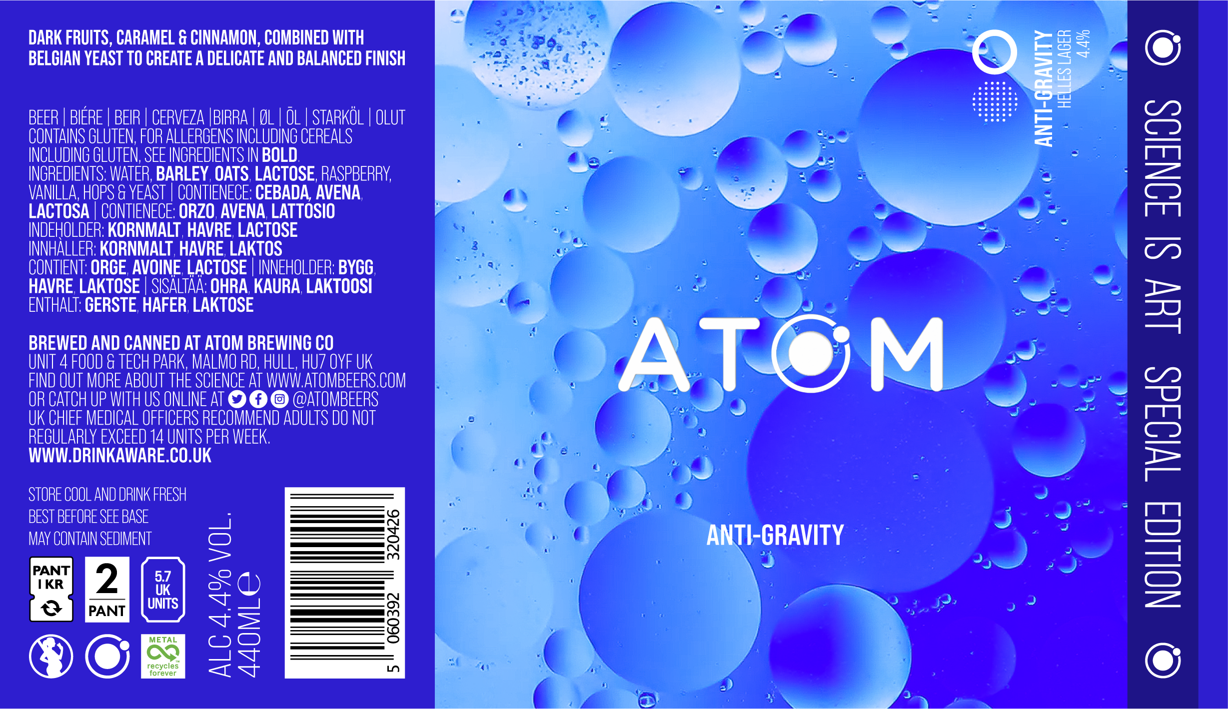 Blue beverage can with bubbles on the label, featuring white text. The can is labeled 'ATOM' with ingredients including dark fruits, caramel, cinnamon, Belgian yeast, and gluten content information.