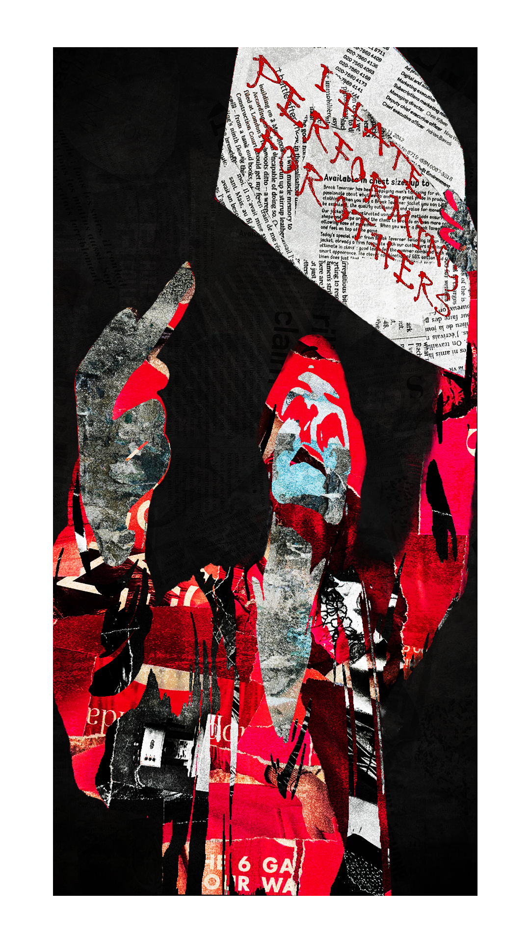 Collage-style artwork depicting a person's face with long hair, layered with torn paper and printed text, with red handwritten text that says "A HATERS ONLY HURTS" and other mixed media elements.