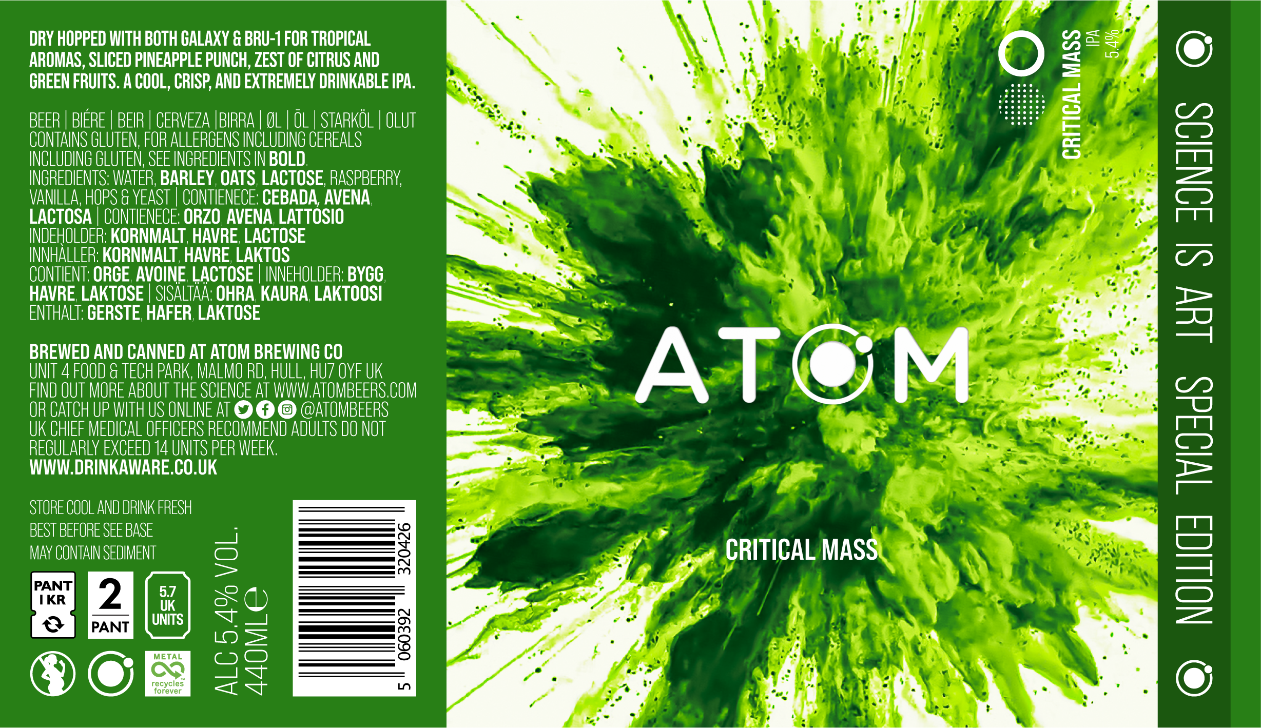 A green and white beer label for Atomic Critical Mass IPA, describing its flavor profile as tropical with pineapple punch, citrus, and green fruits, and mentioning ingredients like water, barley, oats, lactose, raspberry, vanilla, hops, and yeast. Th