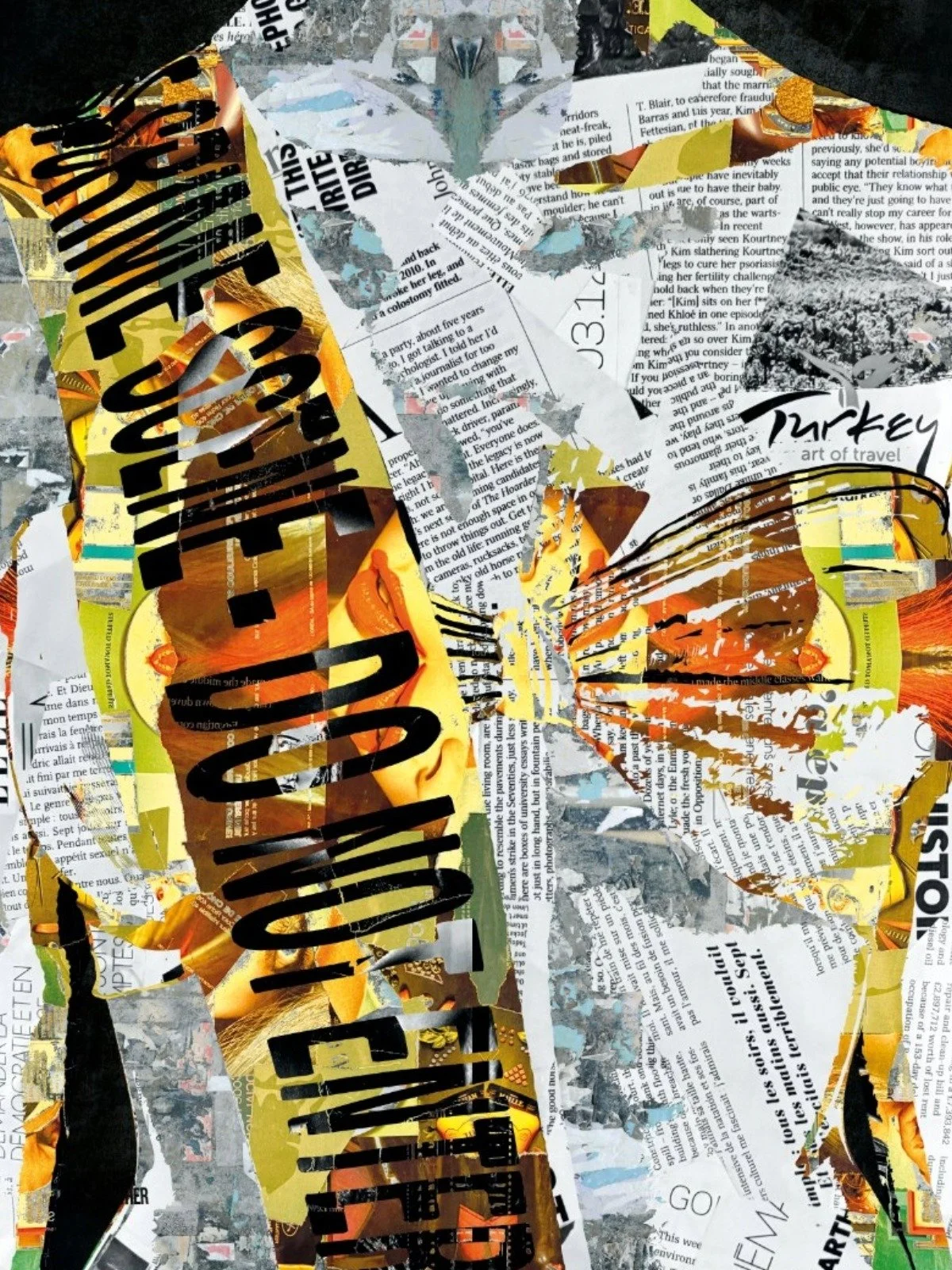 Abstract collage featuring torn magazine pages, text, and images of a butterfly with orange, black, and yellow wings, with prominent text reading 'Turkey' and 'art of travel.'