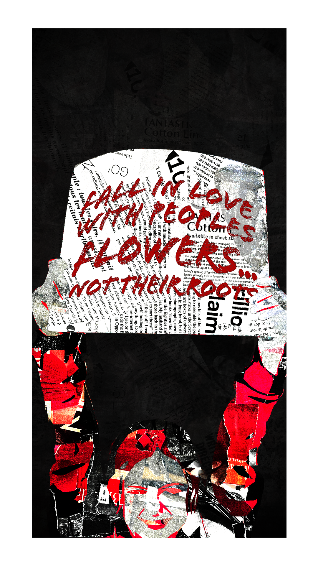 Collage of newspaper clippings, photographs and red paint with a handwritten message: "All I love the photos of you. No, they're not for me."