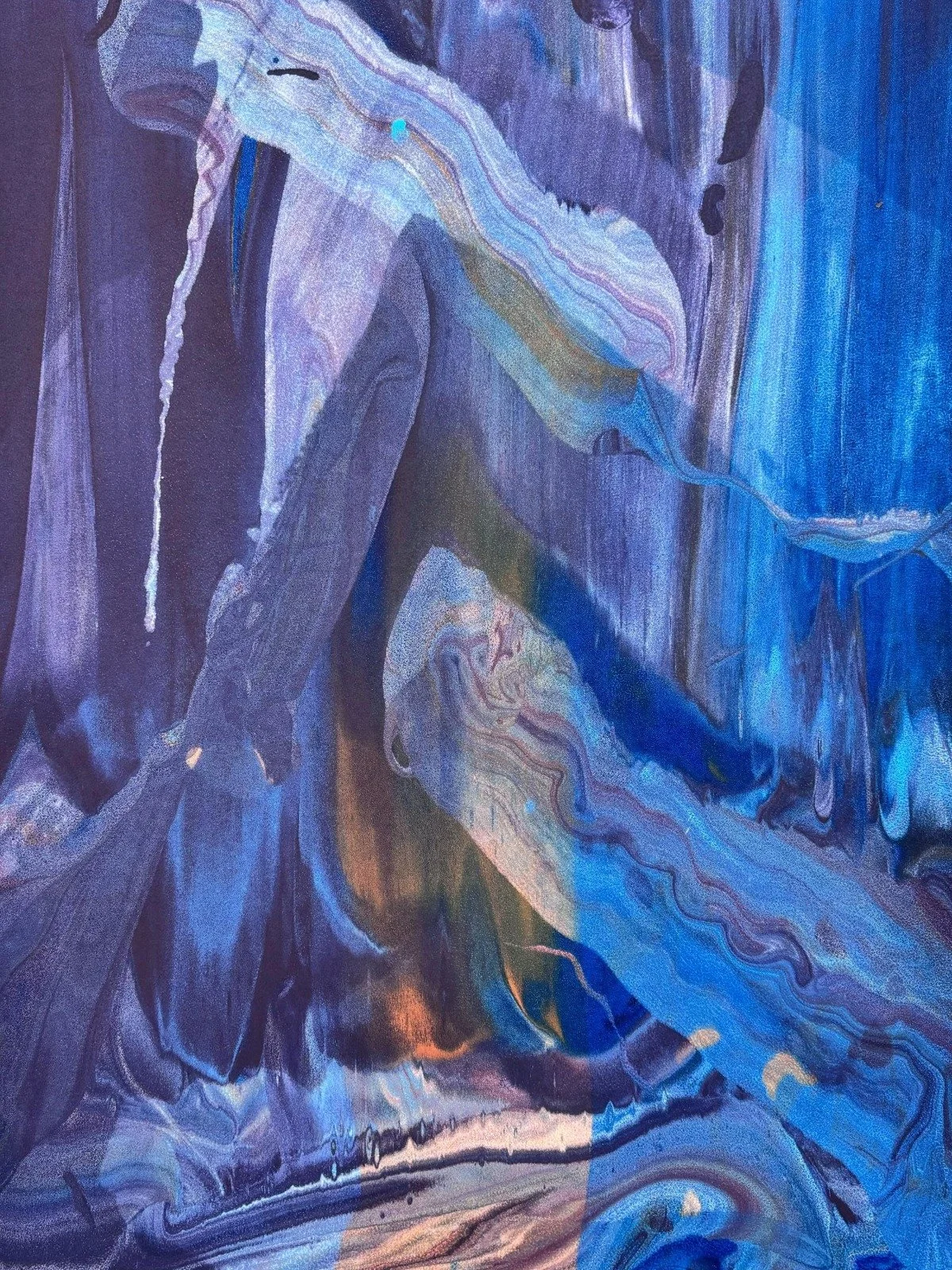 Abstract painting with swirling shades of blue, purple, and hints of white and brown.