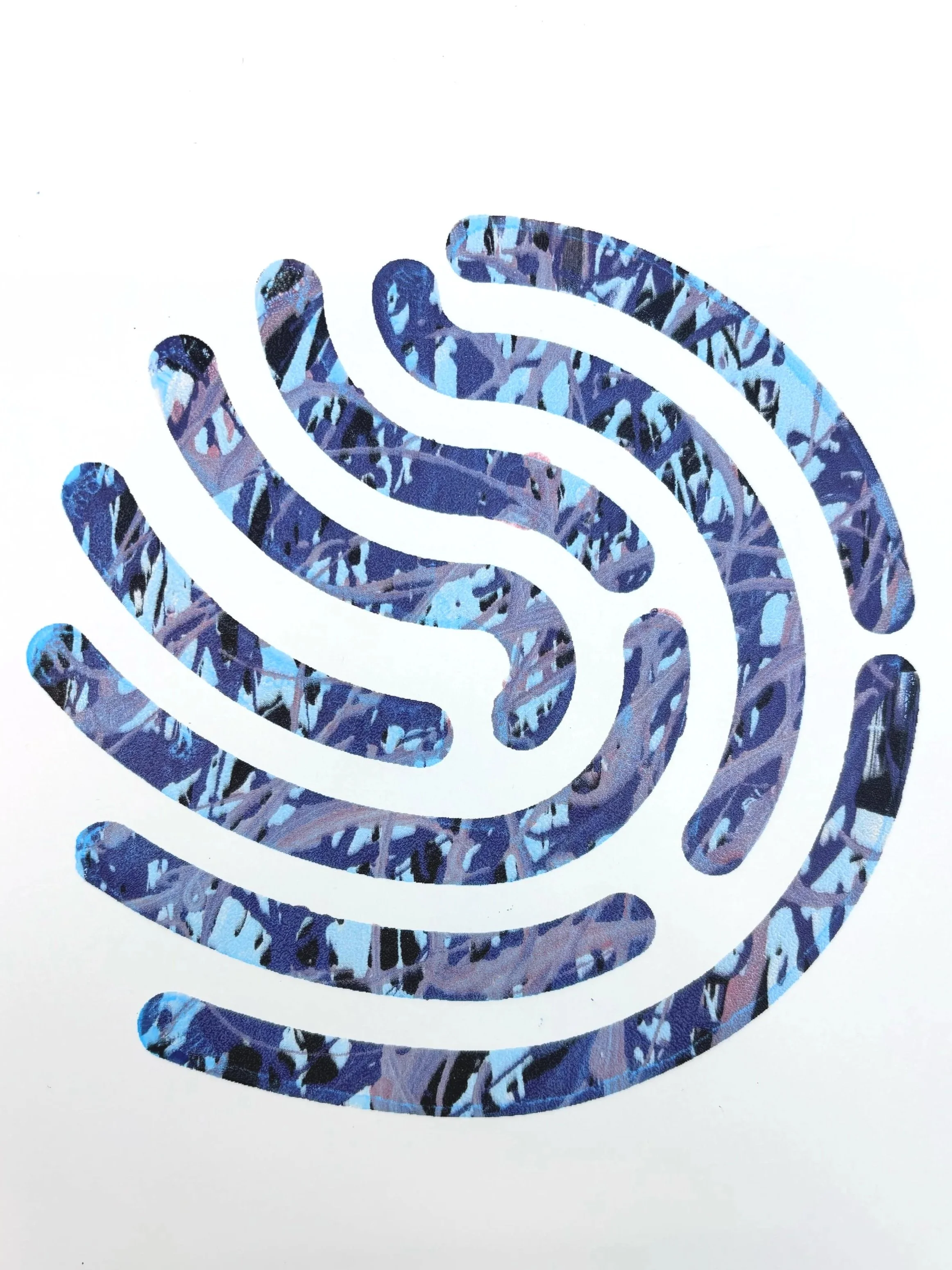 A stylized Wi-Fi symbol with a unique, abstract pattern in shades of blue, purple, and black on a white background.