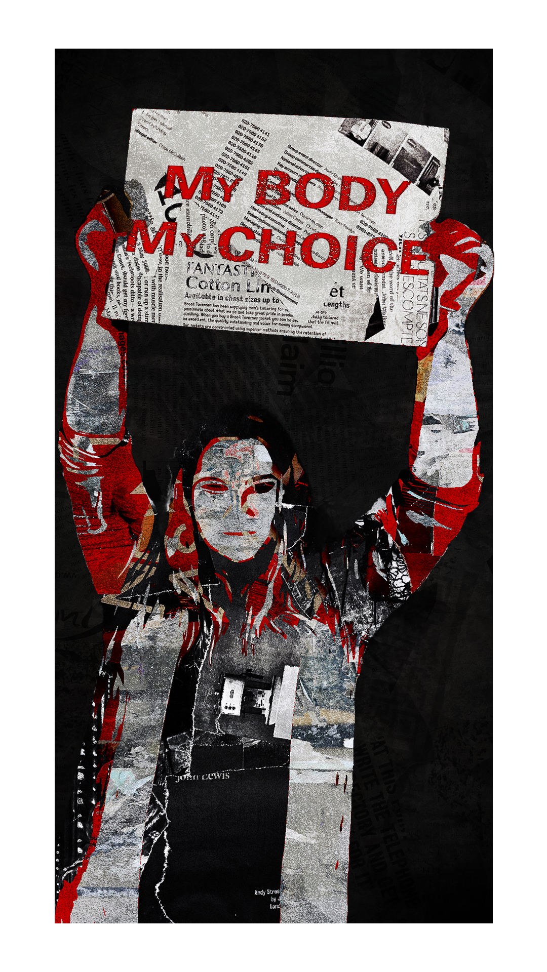 A person wearing red gloves holding a crumpled newspaper with the words 'MY BODY, MY CHOICE' written in large red letters over it. The image has a collage-style effect with various textures and layers.