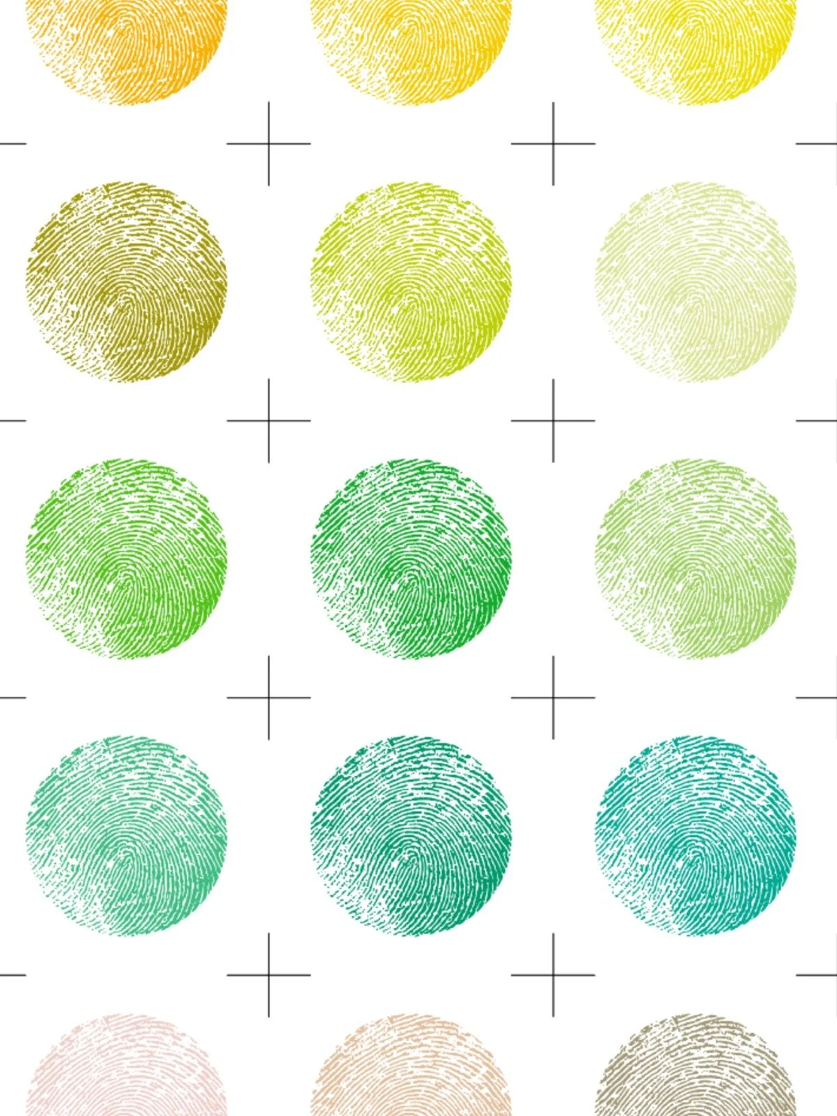 Colorful printed fingerprint patterns in a grid, transitioning from yellow to green to blue, on a white background.