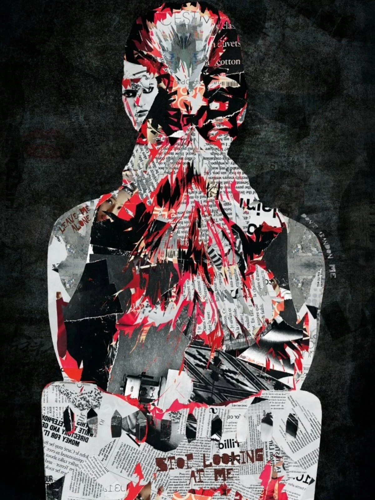 Collage of a portrait of a woman made from torn newspaper and magazine clippings on a black background.