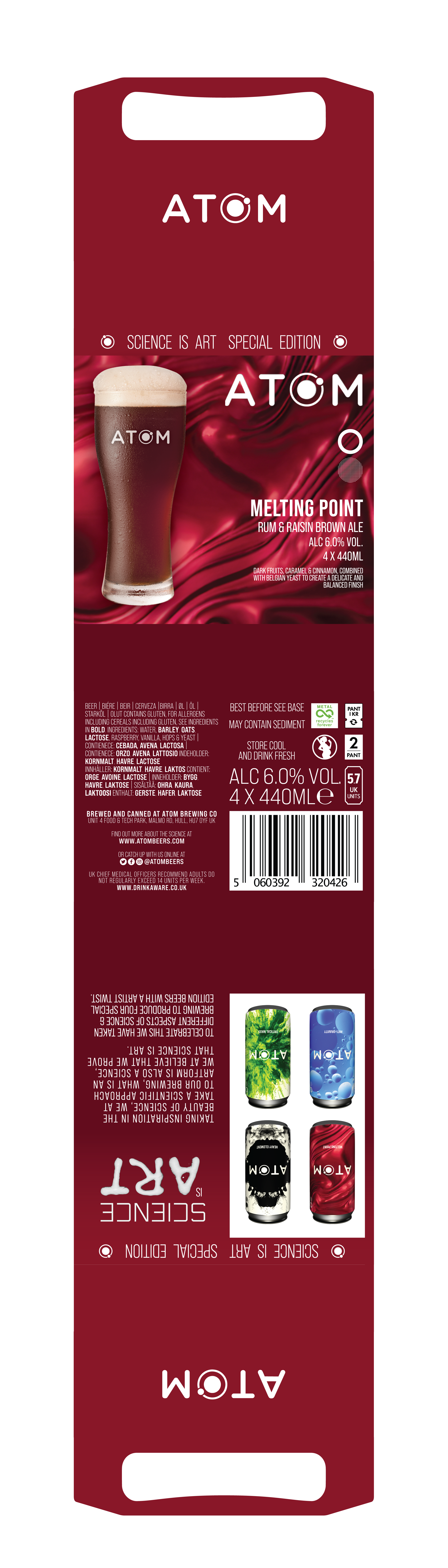 A beer can label featuring a dark brown beer with a frothy head. The label is maroon with swirling patterns, with the word 'ATOM' prominently displayed. It describes a product called 'Melting Point' rum and raisin brown ale with 6% alcohol, in a pack