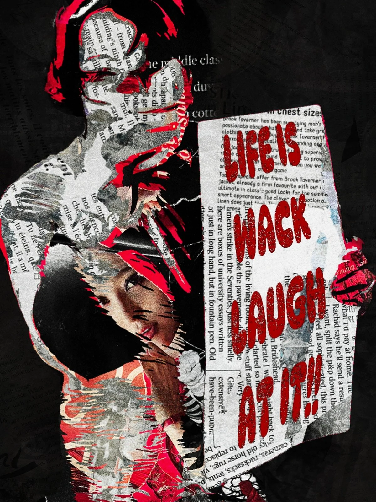 Collage of magazine cutouts forming a woman's face, holding a sign that reads 'Life's Knock Laugh Out!' in red text, with a dark background.