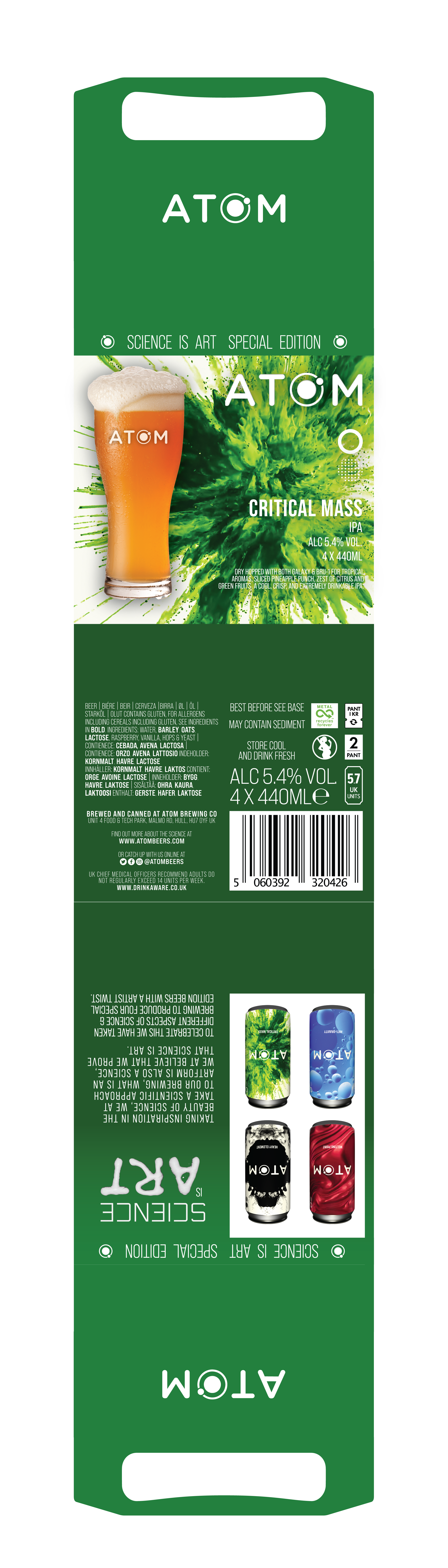 Packaging label for Atom beer, Critical Mass IPA, 4 cans of 440ml each, 5.4% alcohol, with green and black design, a glass of beer, and brewing details. Includes colorful cans illustration, barcode, and product information.