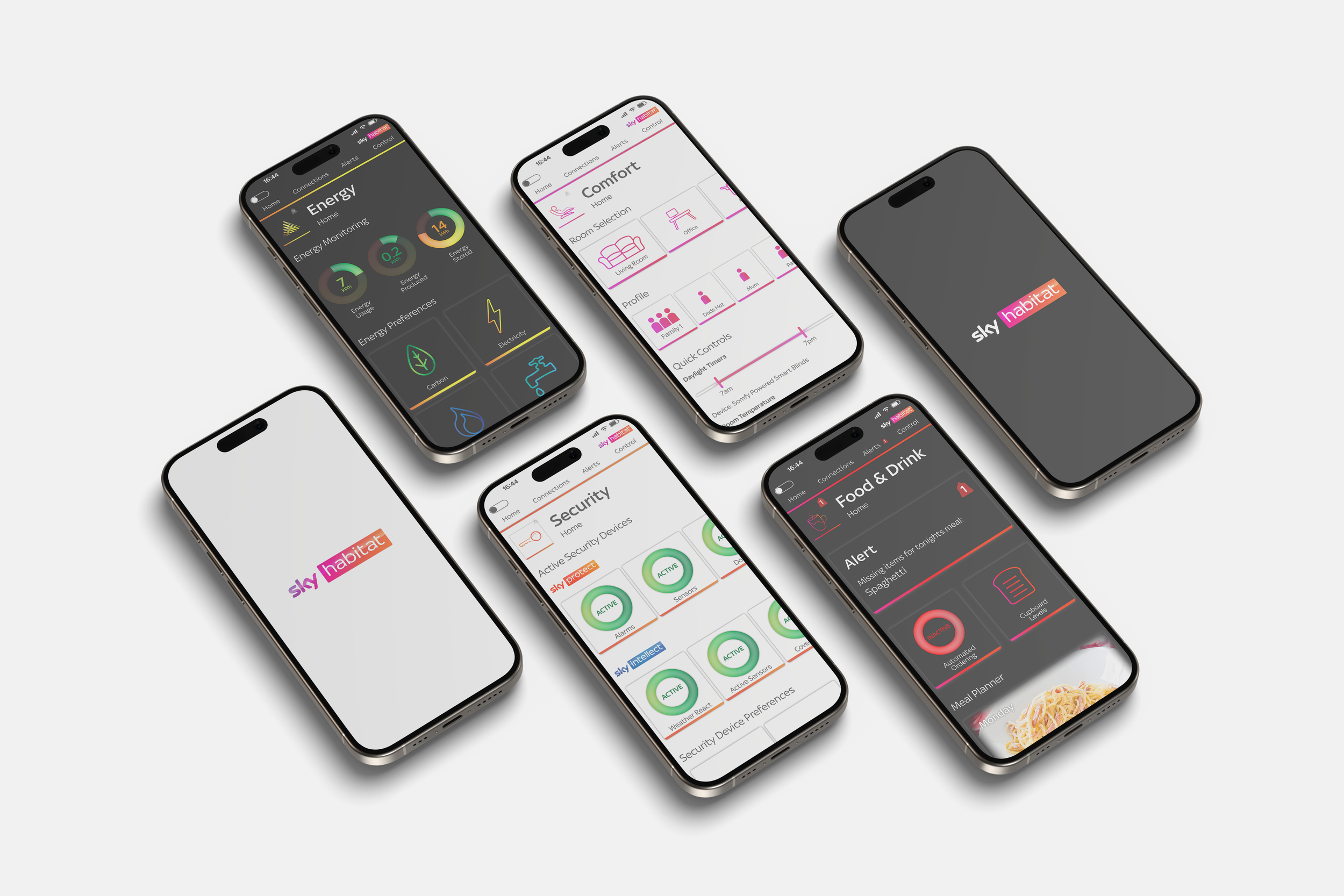 Several smartphones displaying smart home control apps with options for energy management, room selection, security, and food and drink settings.
