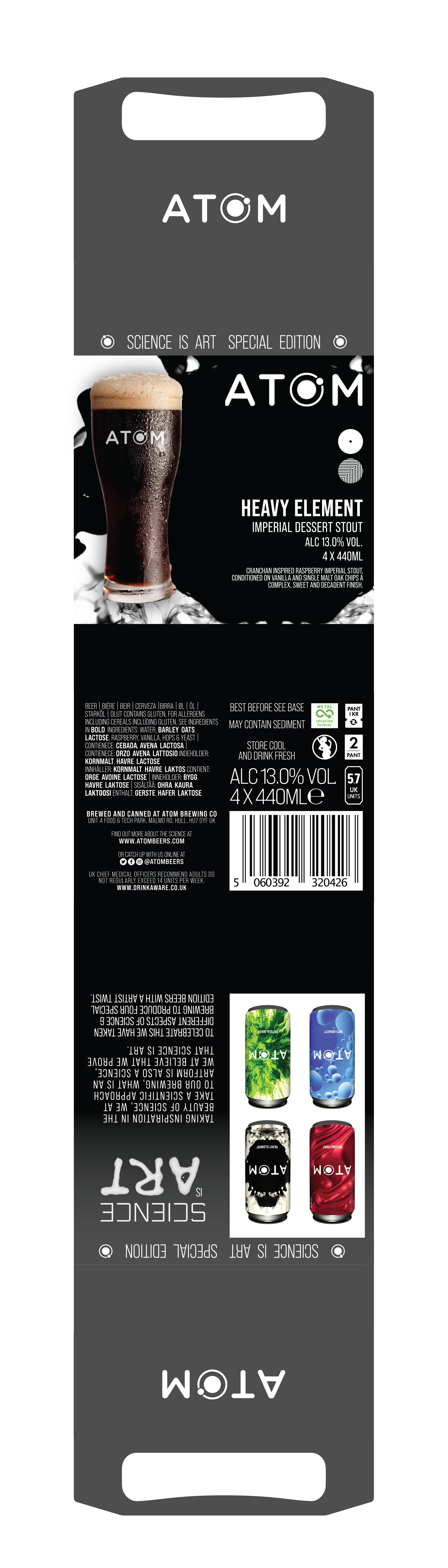 Packaging label for a beer called Heavy Element Imperial Dessert Stout by Atom Brewery, featuring a dark beer in a glass with foam head and creative space-themed design elements.