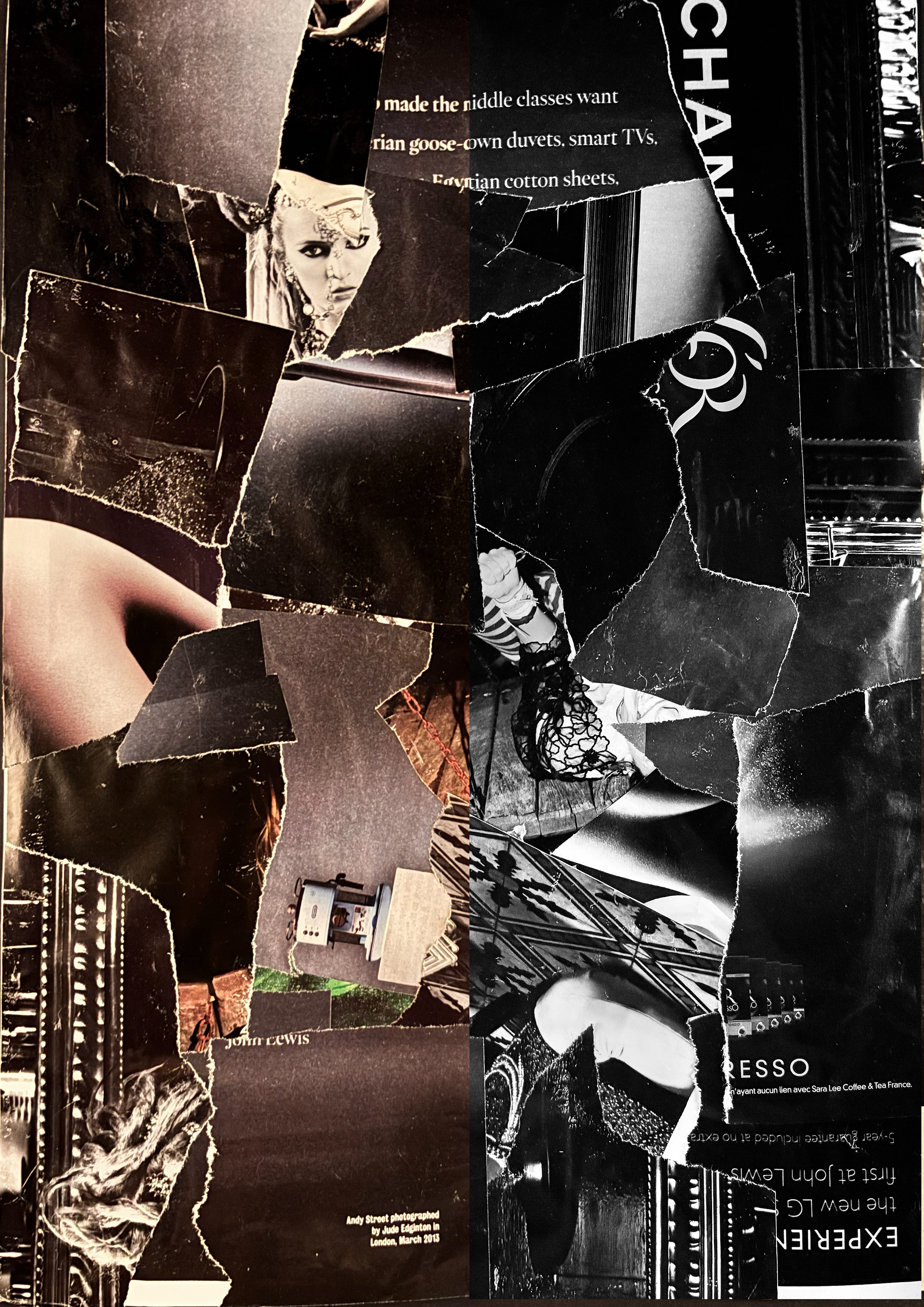 Collage of torn black and white magazine pages featuring various images including a woman with elaborate jewelry, a cityscape, and text in English. The collage appears layered and fragmented.