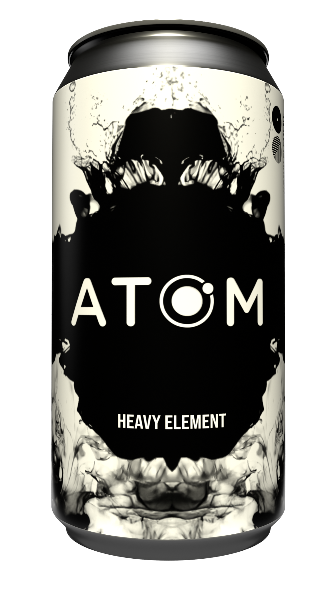 A soda can with a black and white skull design, the word 'ATOM' in large letters, and 'Heavy Element' written below.