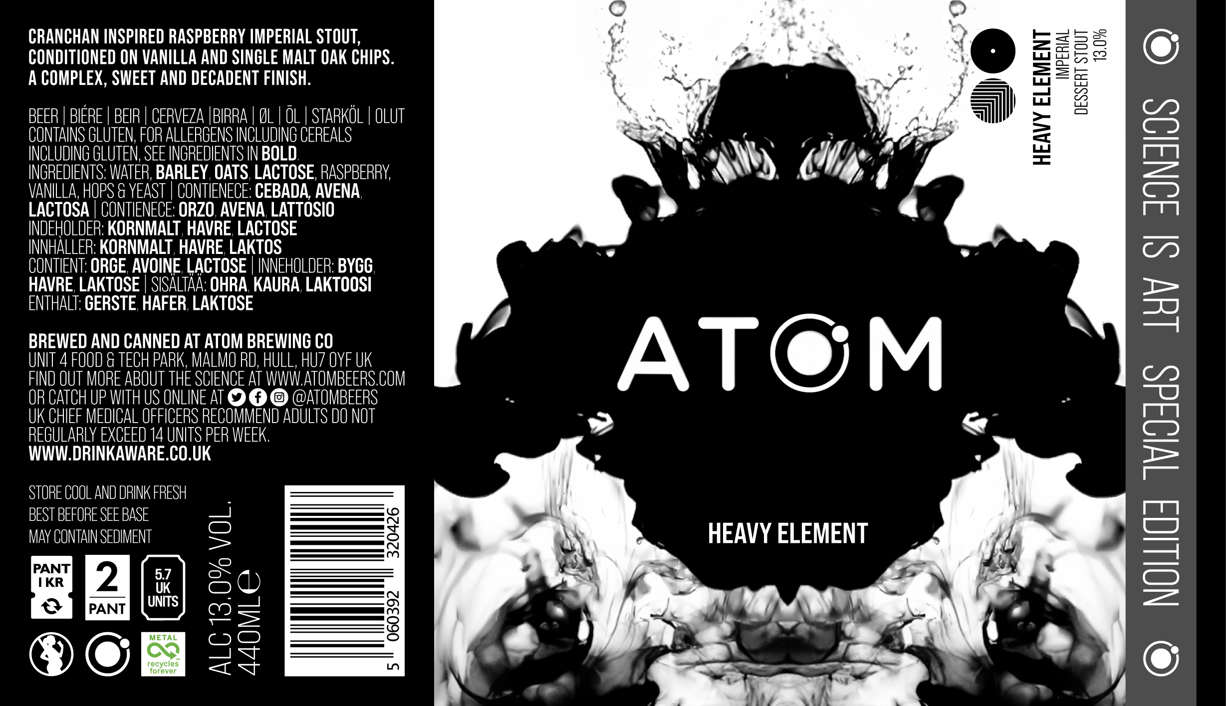 A black and white label with the word 'ATOM' and a skull illustration in the background, indicating a heavy element beer by Heavy Element, with detailed ingredient and caution information on the sides.