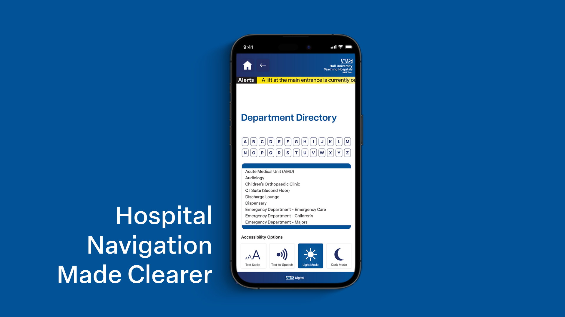 A smartphone screen displaying a hospital department directory within a hospital navigation app, showing departments such as Acute Medical Unit and Emergency Department, with accessibility options for text size, text-to-speech, and light or dark mode.
