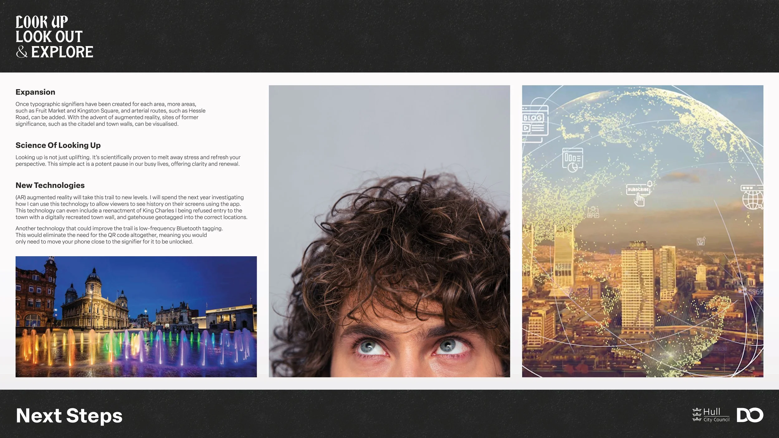 A digital collage featuring a woman with curly hair and blue eyes, alongside images of a cityscape, colorful fountains, and digital graphics depicting a global network and technology icons.
