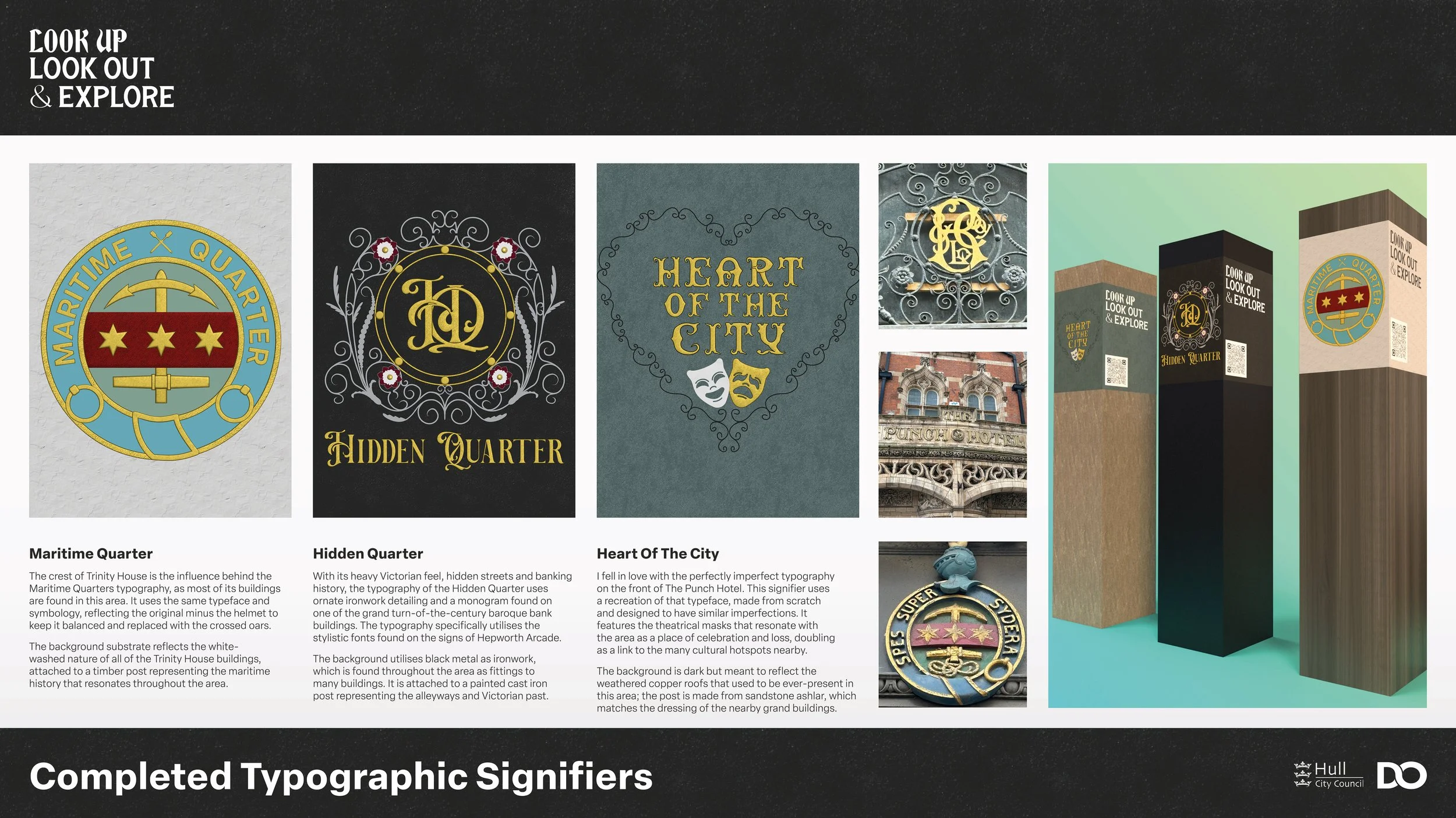 Display of various typographic designs and symbols related to Maritime Quarter, Hidden Quarter, and Heart of the City, with descriptive text about each design and their significance.