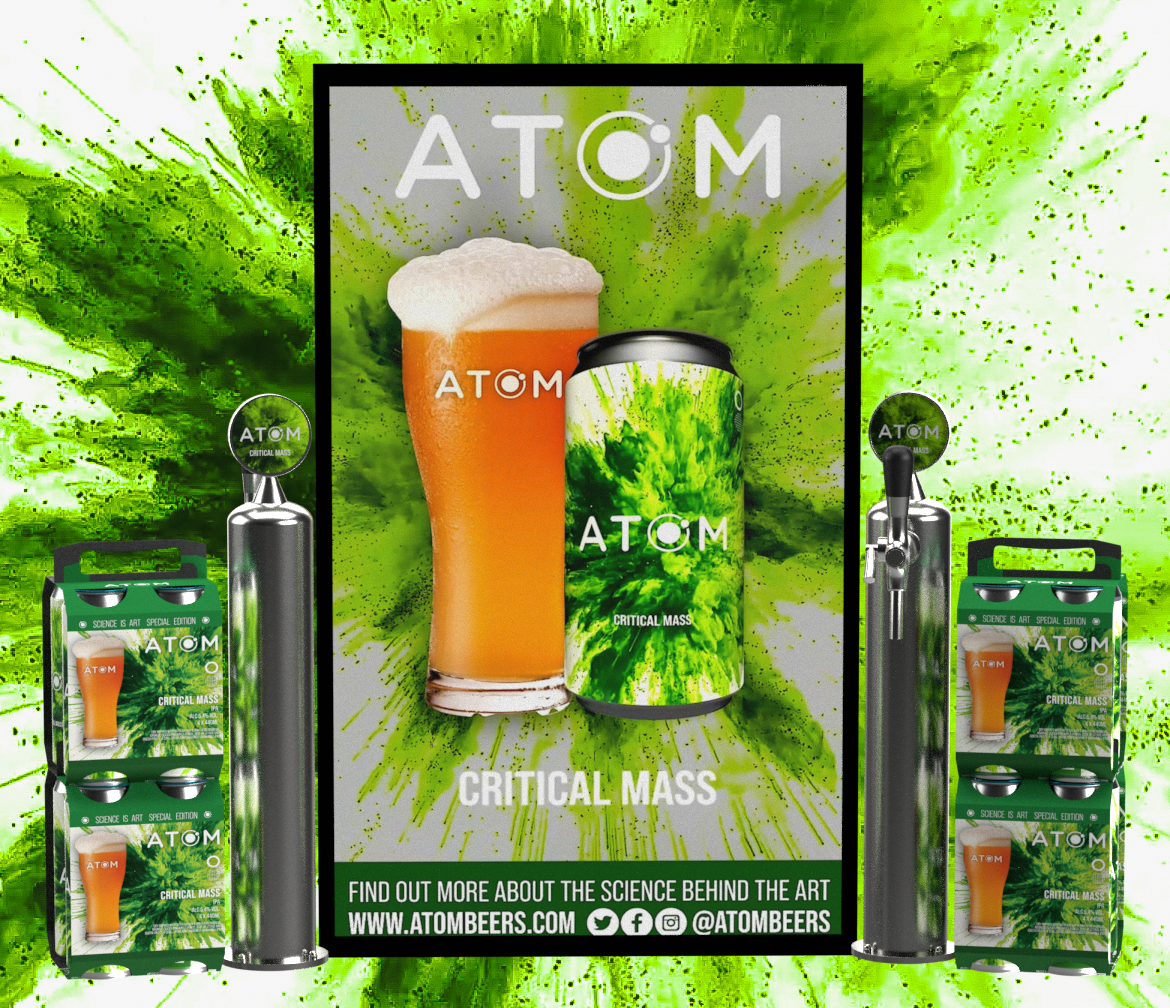 Display of Atom beer cans and glasses with green and black splatter background, promotional material for Atom beer project.