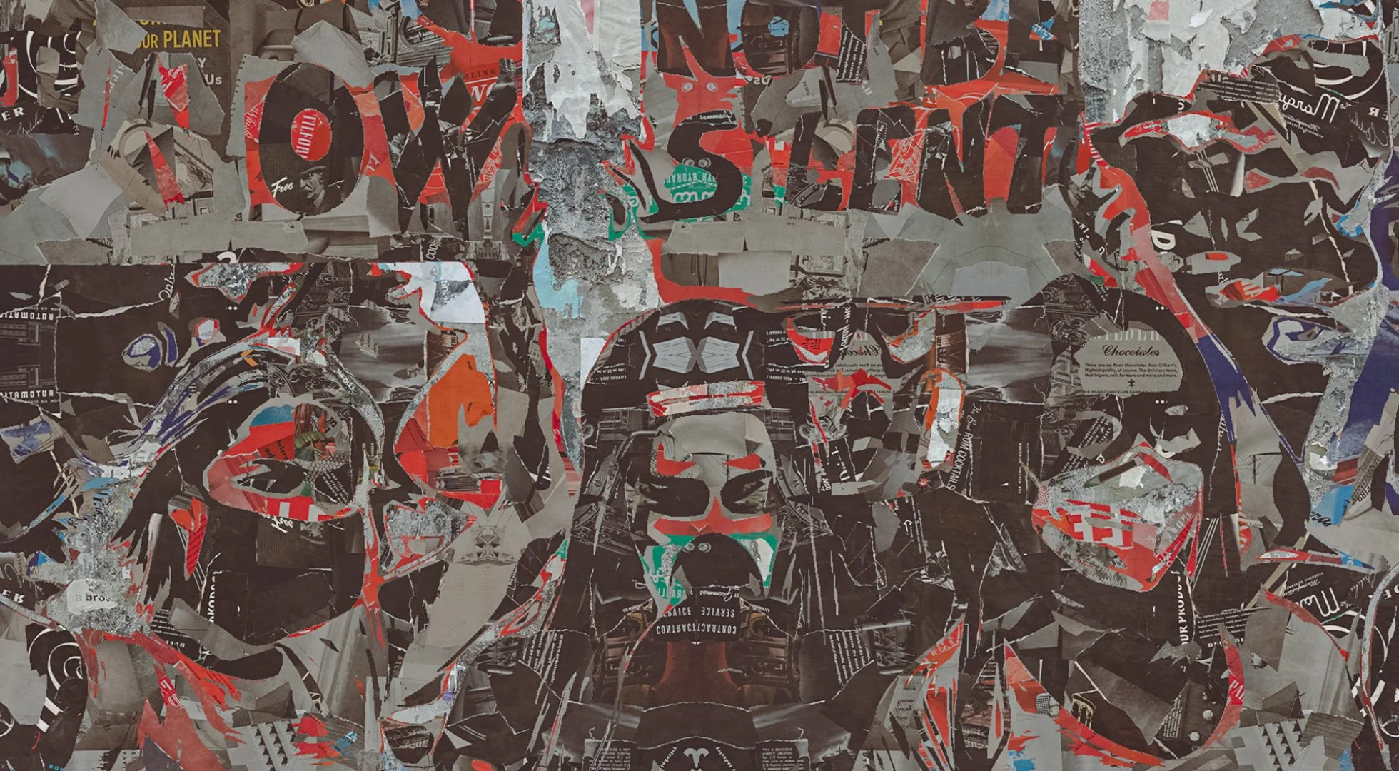 A collage art piece of a dog face created with torn magazine and newspaper paper pieces.
