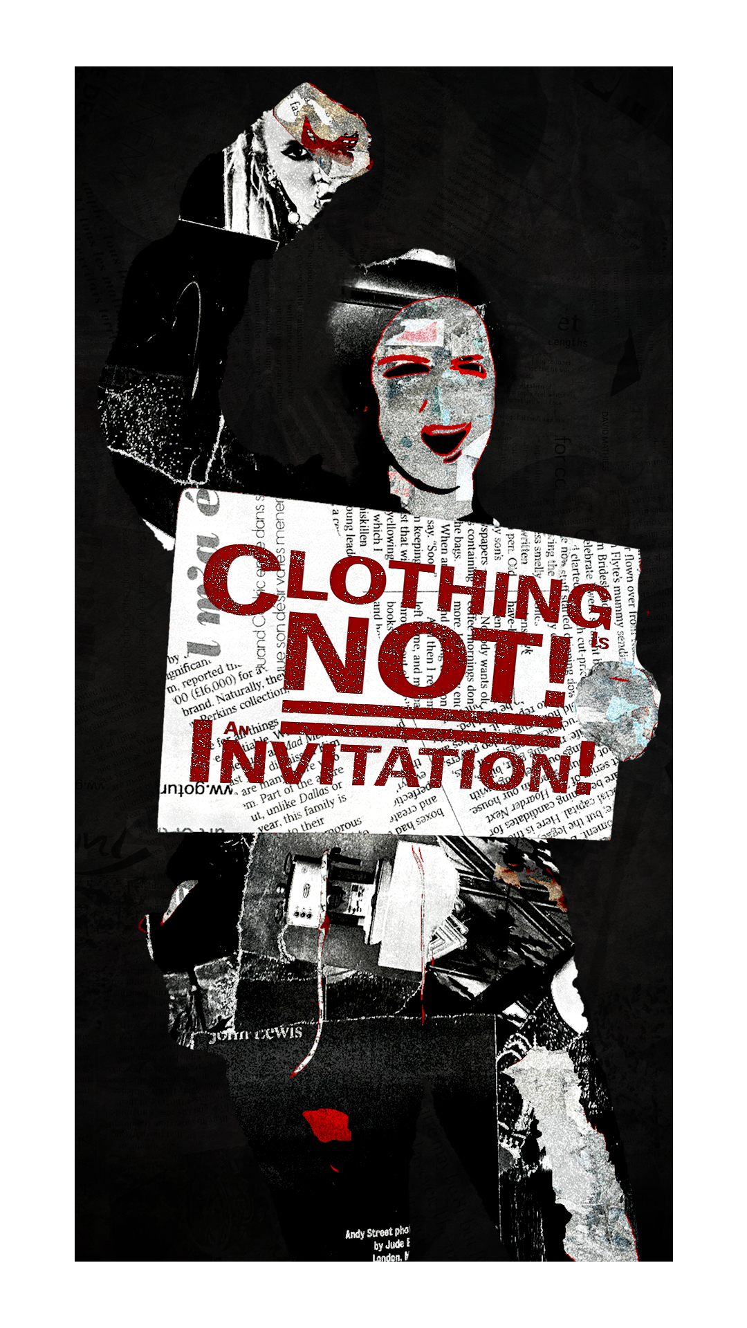 A stylized collage of a woman talking on a phone, with a second woman's face behind her, holding a sign that says 'CLOTHING NOT! INVITATION'. The image has a dark background and a mixed-media, textured art style.
