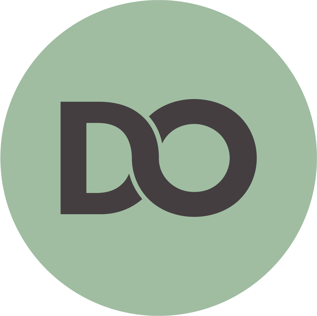 Logo with the letters 'D' and 'O' intertwined in black on a light green circular background.