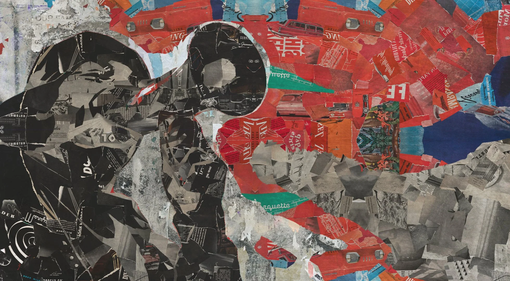 Collage artwork of a dog, created from torn pieces of colorful magazines and newspapers.