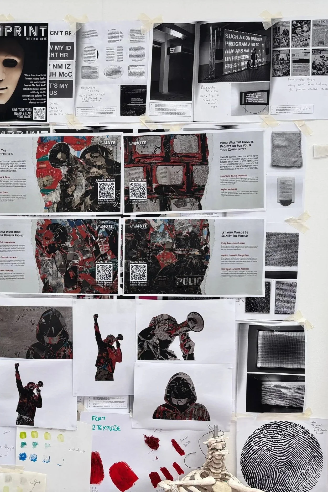 A collage of various art projects, including silkscreen prints of people protesting, images of protest demonstrations, and patterns like fingerprints and colored swatches. Some sketches and notes are also visible, along with a small skeleton model at the bottom.