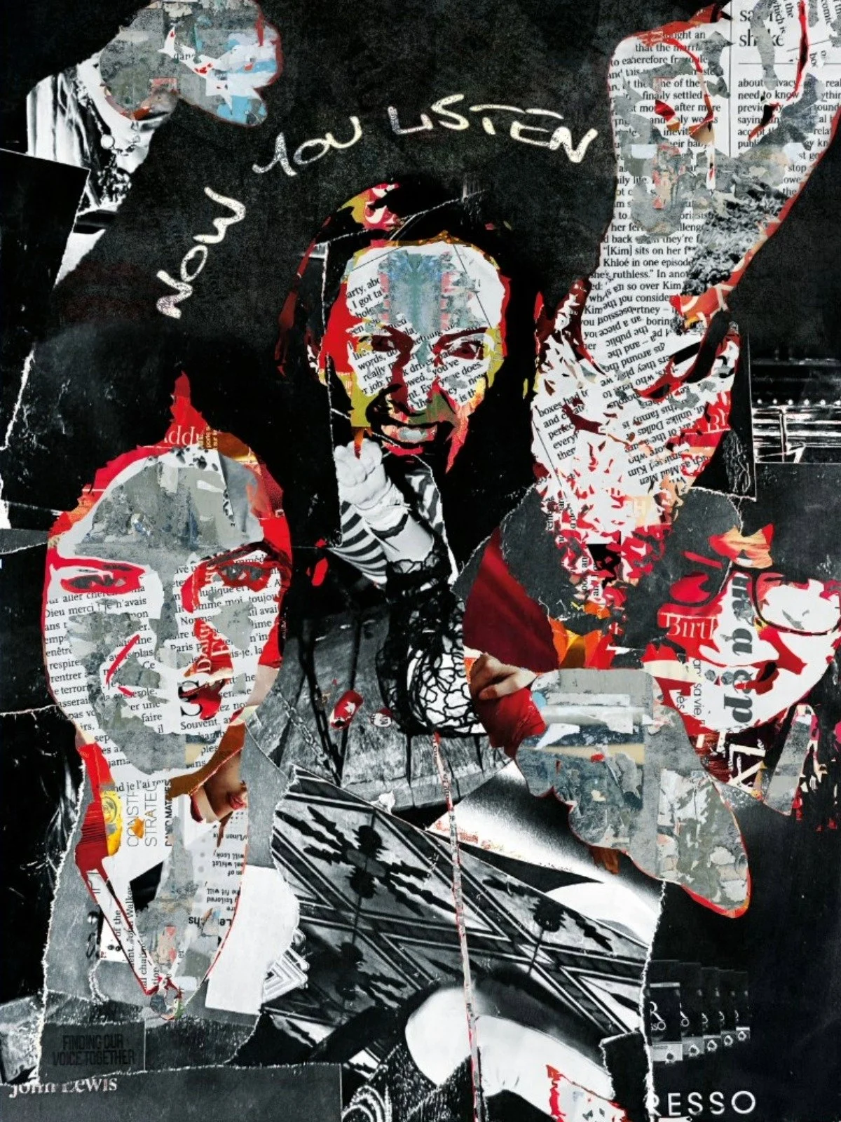 Collage of torn magazine paper creating a portrait of a joyful woman with her arms raised, surrounded by various black, red, white, and gray papers with text.