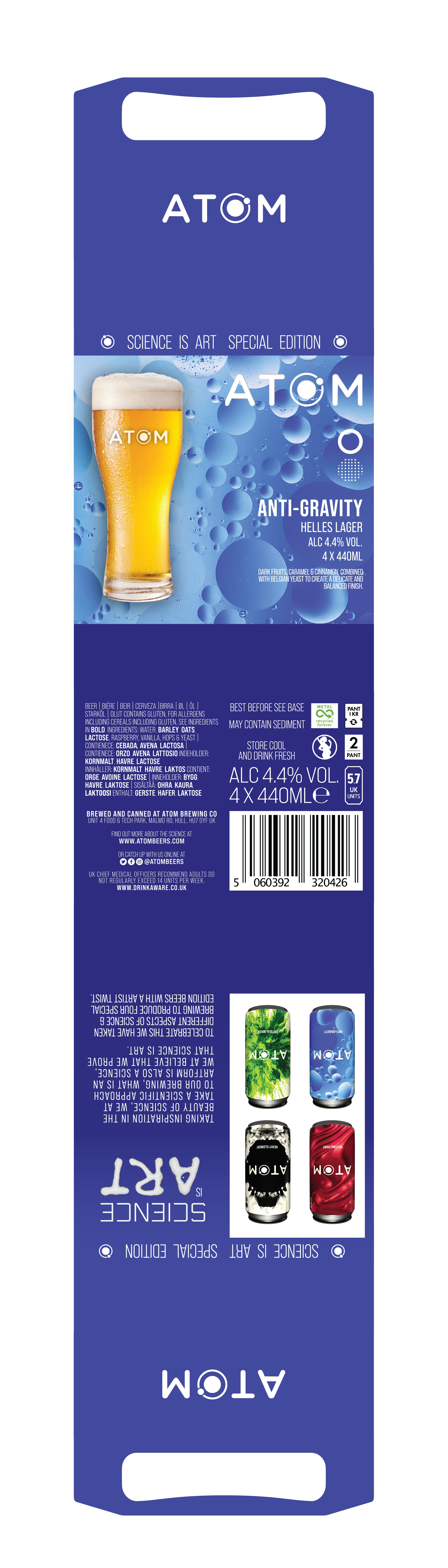 Packaging for Atom Anti-Gravity Helles Lager beer, including a glass of beer, with the label emphasizing science as art and a special edition. The label highlights the beer's alcohol content of 4.4%, volume of 4x440ml, and includes colorful soda can 