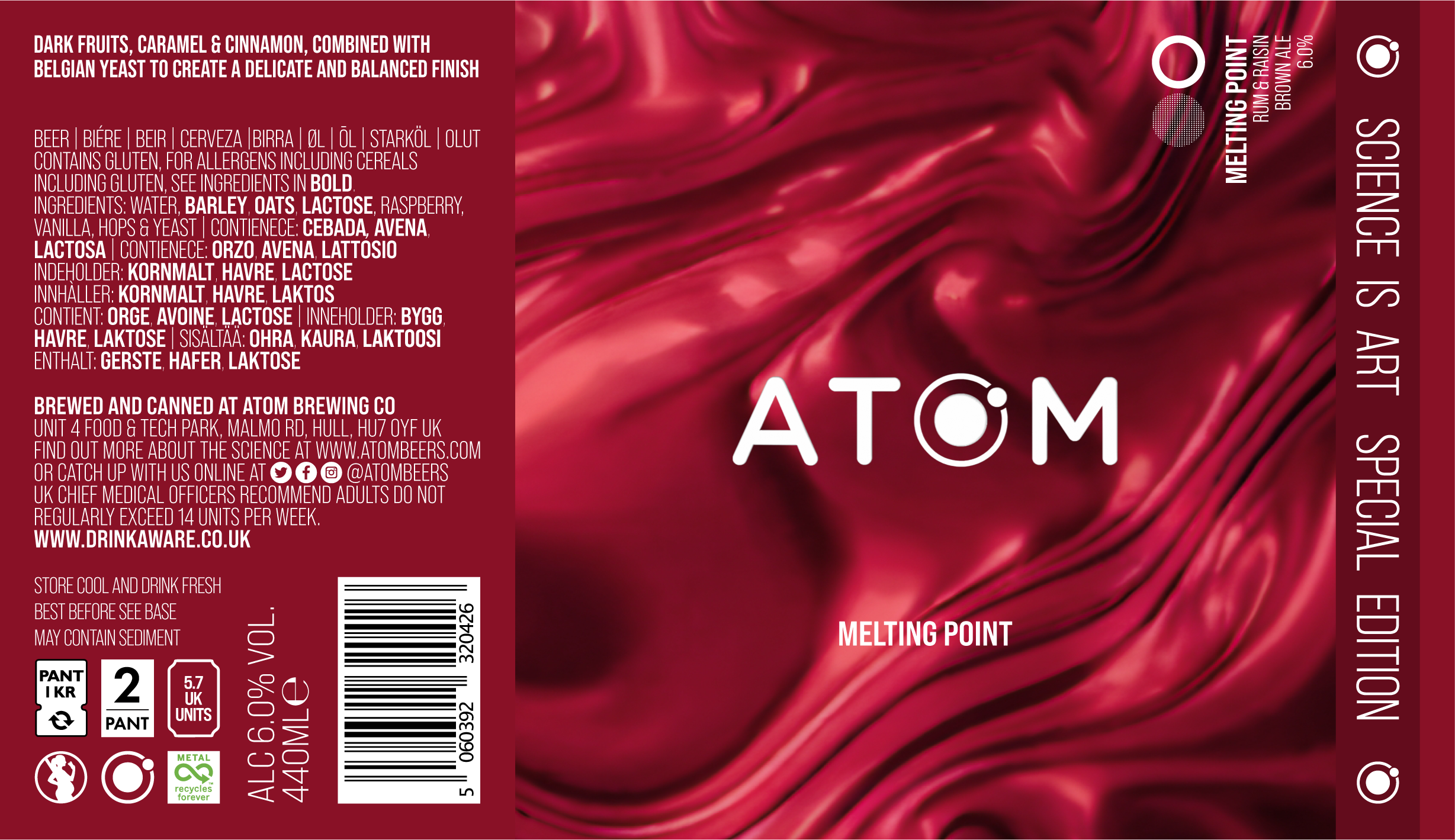 Product packaging for Atom beer, featuring dark red, caramel, and cinnamon swirl design with information about ingredients, alcohol content, brewing information, and recycling symbols.