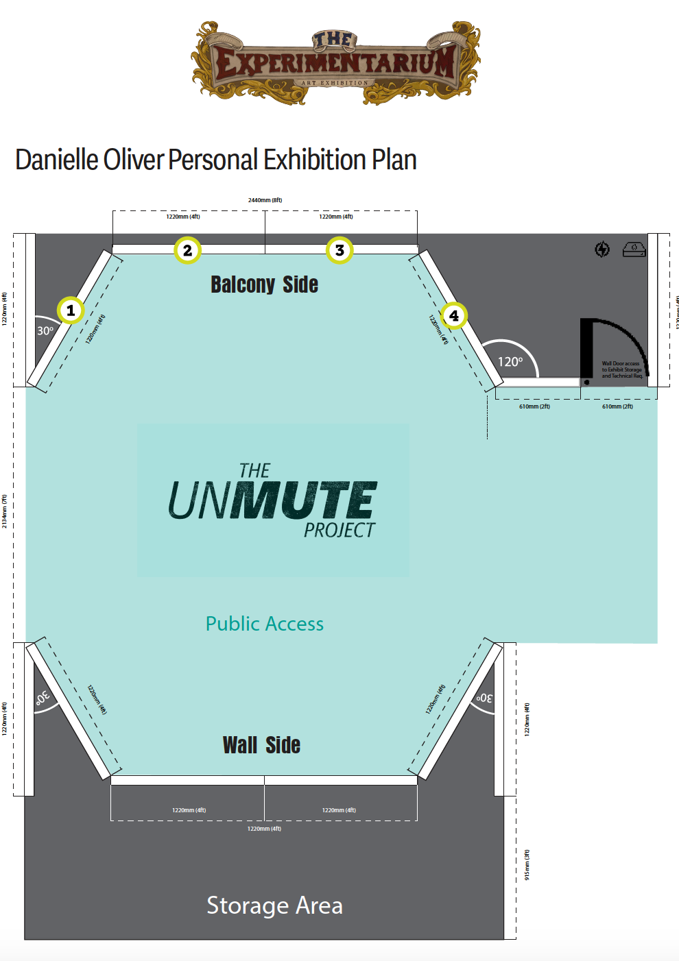 Exhibition floor plan titled 'Danielle Oliver Personal Exhibition Plan' for 'The Exploratorium' art exhibit. Shows a layout with a central area labeled 'The UNMUTE Project' and surrounding walls, including balcony and wall sides with measurements, with access points and storage areas.