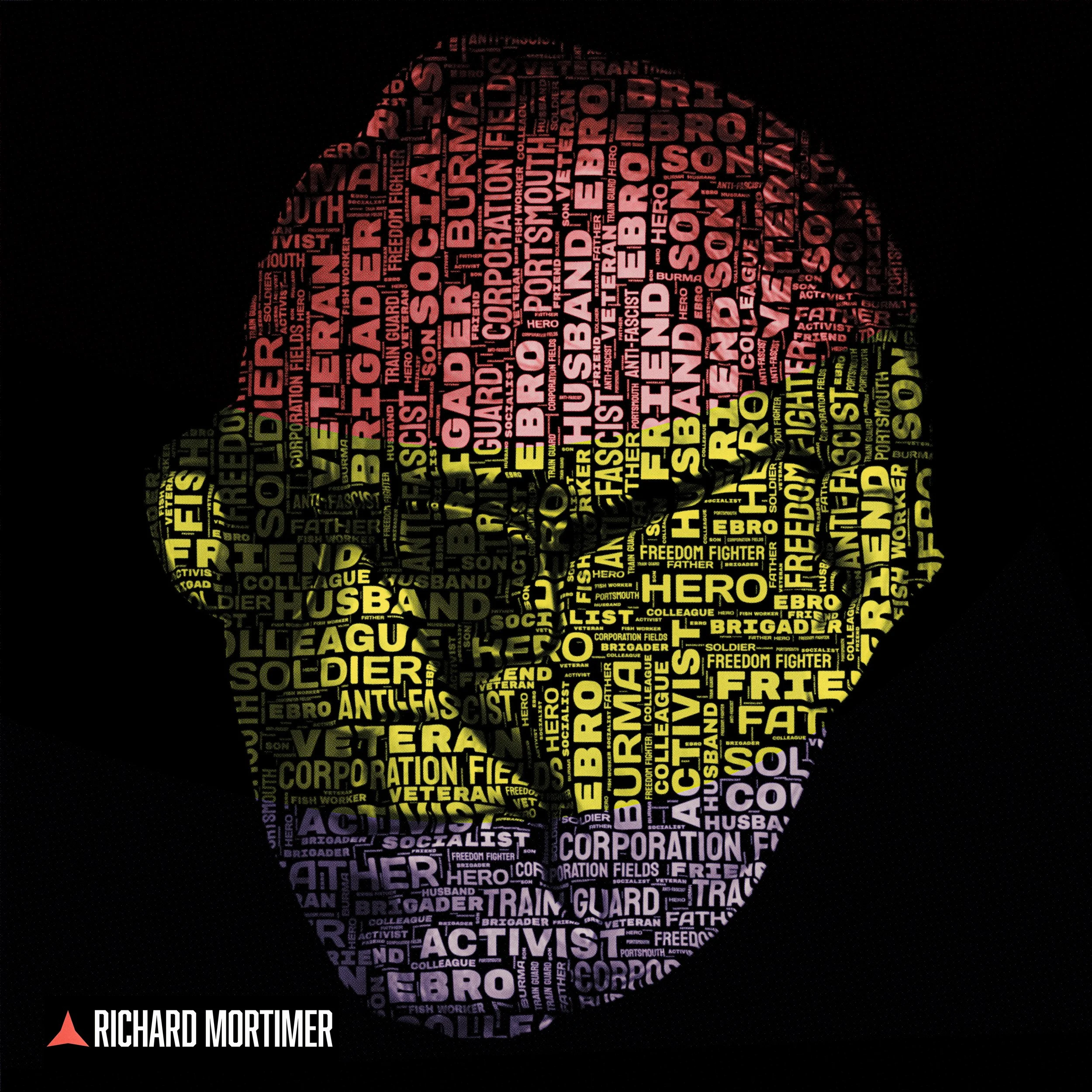 A portrait created with words related to activism, war, peace, and military service, shaped in the silhouette of a person's head against a black background.
