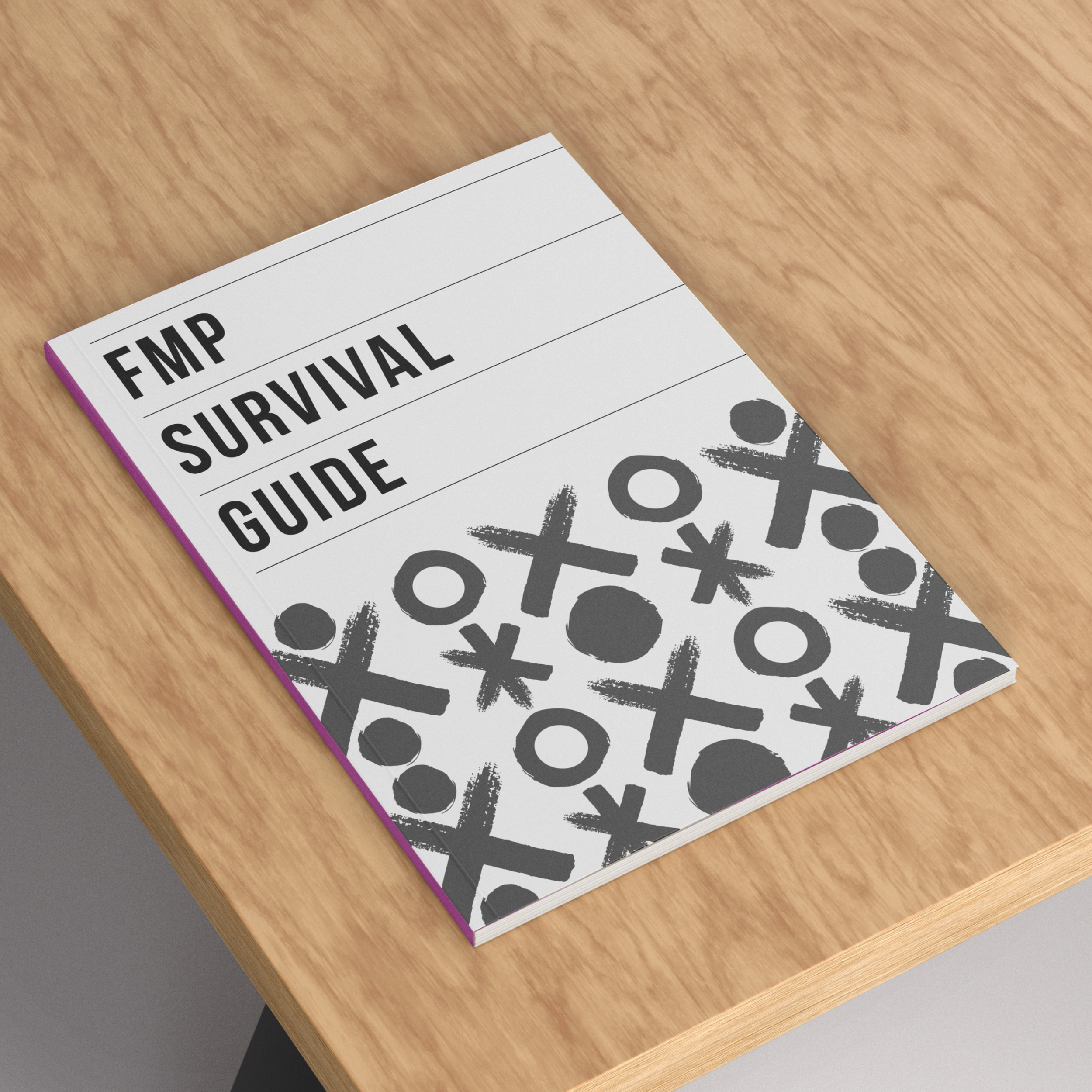 Part of a retirement guide booklet titled 'FMP SURVIVAL GUIDE' with a graphic of interconnected circles and lines, resting on a wooden surface.