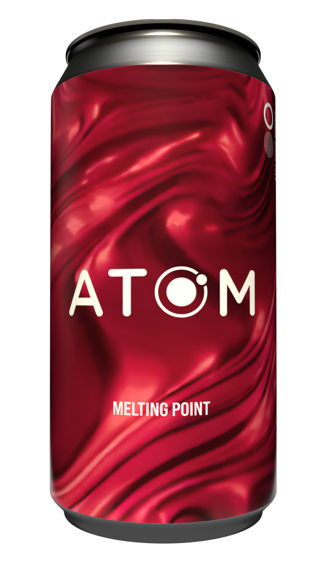 Red aluminum can with swirling abstract design, labeled 'ATOM Melting Point'.