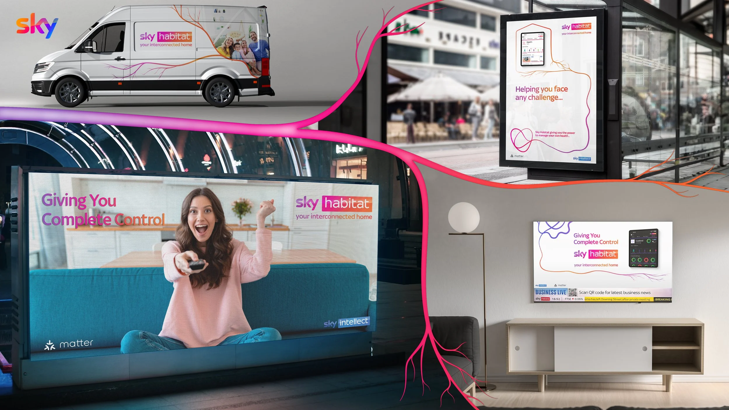 Collage of digital screens and graphics related to Sky Habitat, showcasing advertisements, a delivery van, and indoor displays promoting home automation and connectivity services.