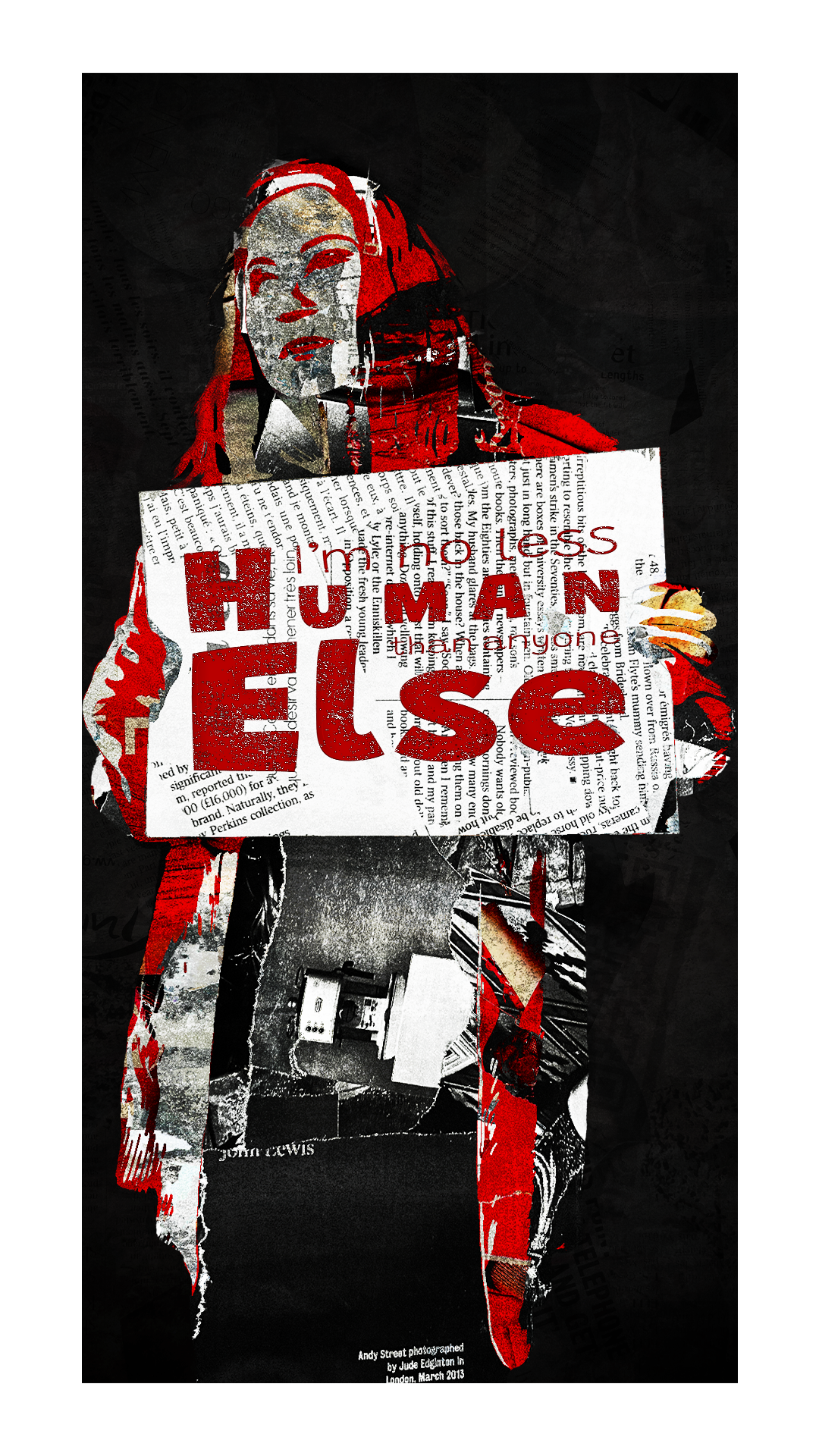 A collage of a person holding a sign that says 'FUTURE HUMAN' with a woman's face illustration on a dark background. The sign is made of newspaper clippings, with red and black accents.