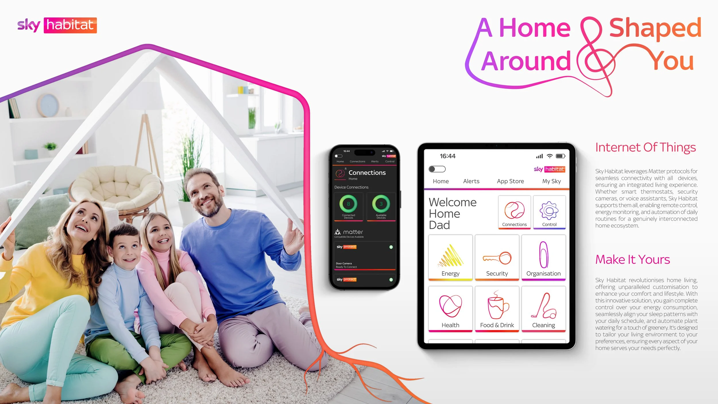 A family of four, including a man, a woman, and two children, sitting on a cozy white rug inside a bright, modern living room with a white couch, plants, and a window. To the right, there are two smartphones displaying a smart home app with various icons and options, and text promoting Sky Habitat's home automation technology.