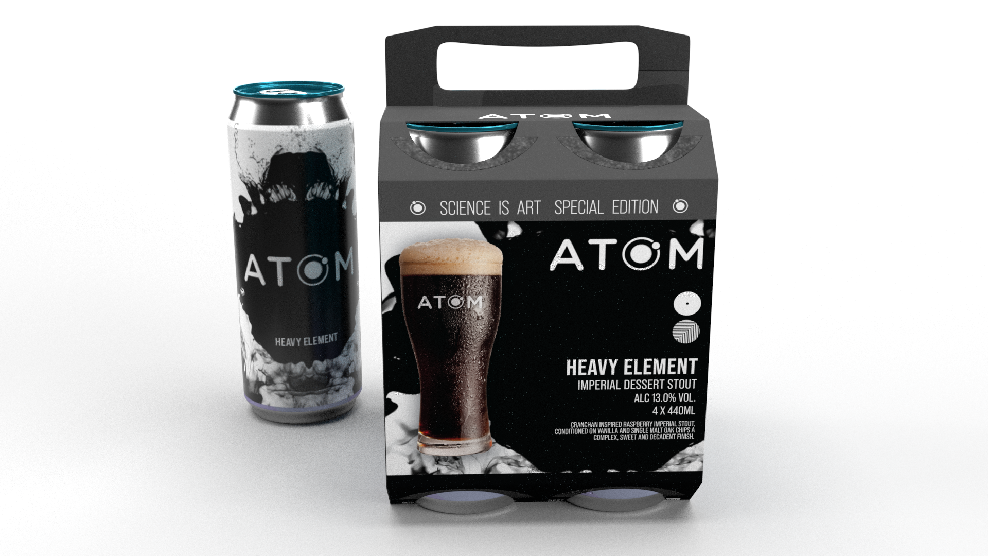 A can of Atom Heavy Element Imperial Dessert Stout, a glass filled with dark beer topped with foam, and a branded carton box of the same beer, all featuring black and white album artwork with abstract designs.