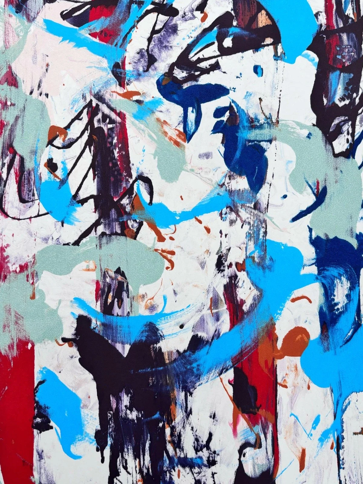 Abstract painting with splashes of blue, black, white, red, green, and orange colors.