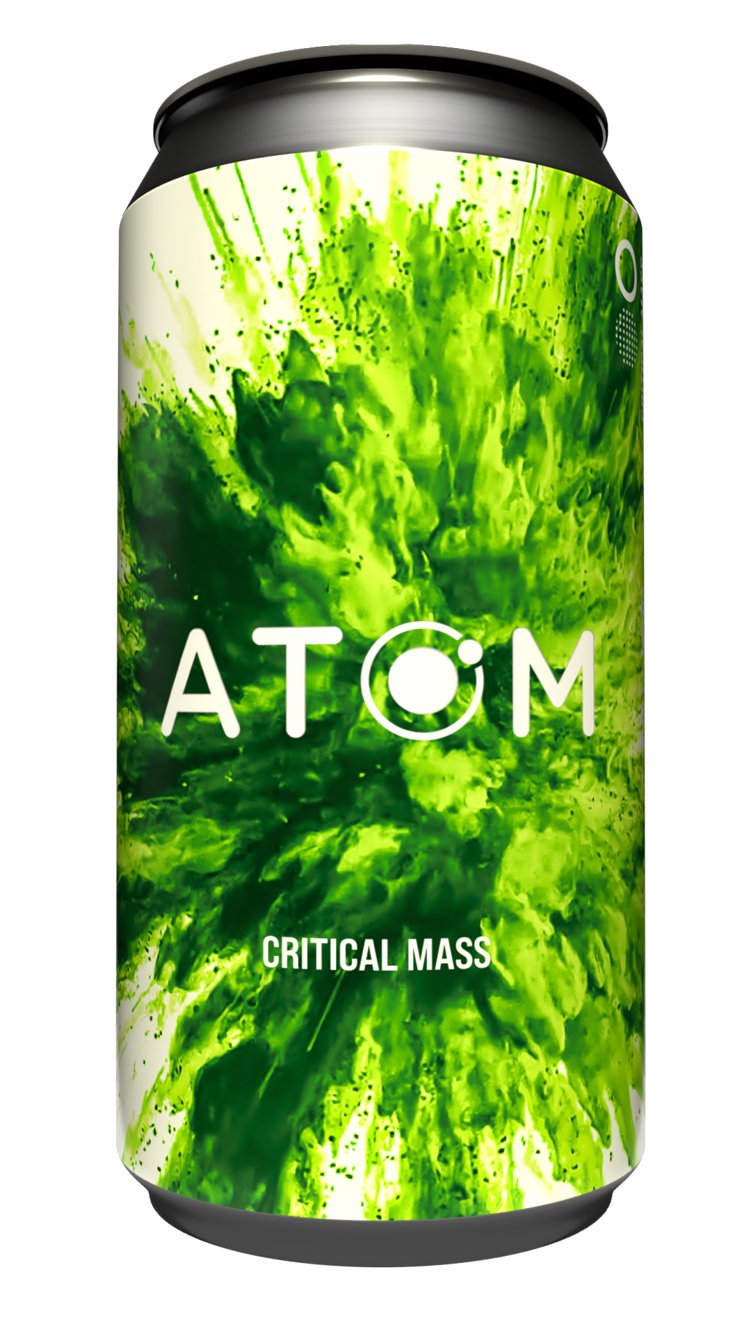 A can of ATOM Critical Mass energy drink with a green and black abstract design and modern lettering.
