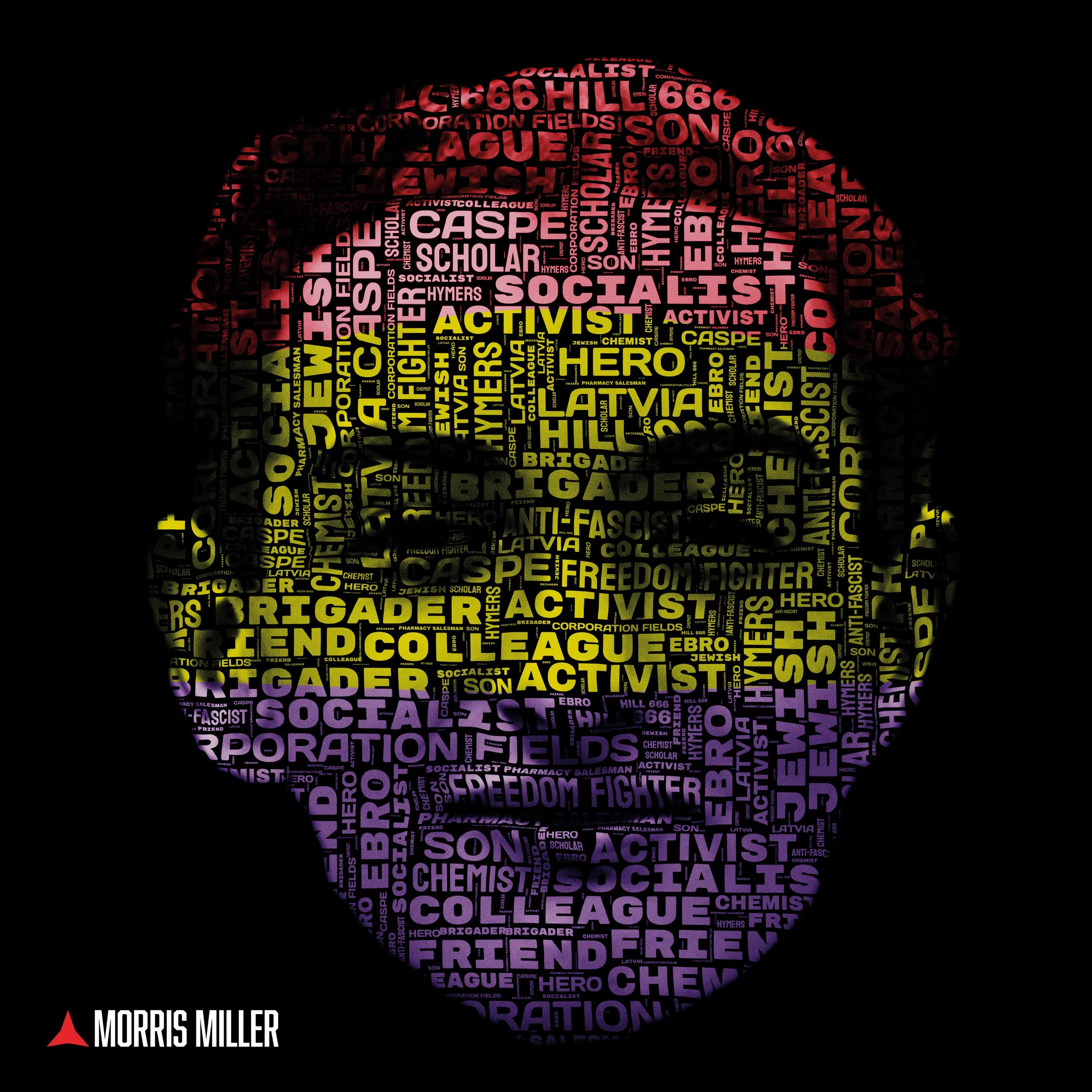 A person wearing a hoodie made of words related to social activism, with words such as 'Caspere', 'Scholar', 'Socialist', 'Brigade', and 'Freedom' in various shades of red, purple, and yellow, with a black background and the name 'Morris Miller' with a red triangle logo at the bottom left.
