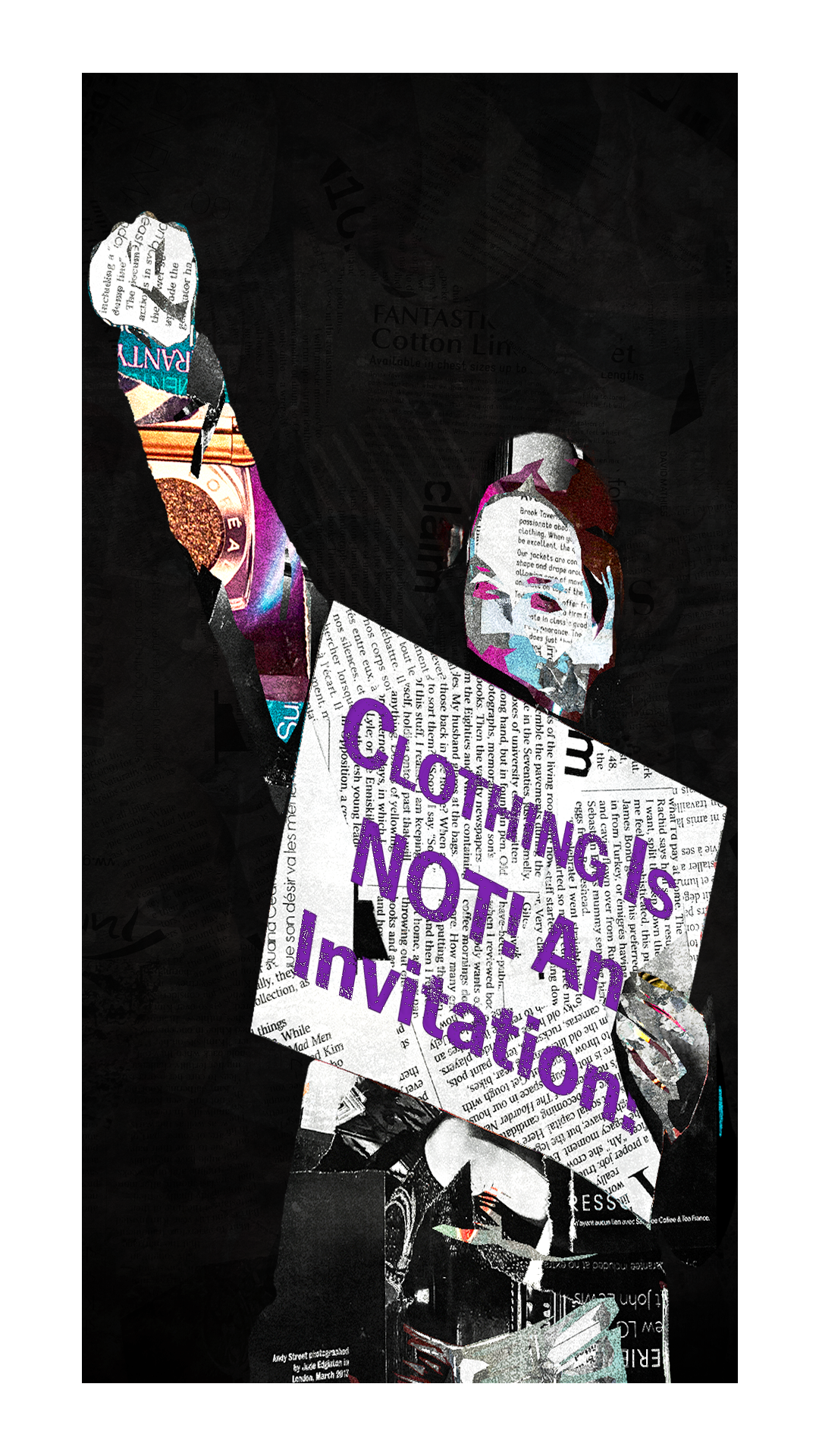 Collage-style image featuring magazine clippings and newspaper snippets with the text "Clothing Not an Invitation?" in purple.