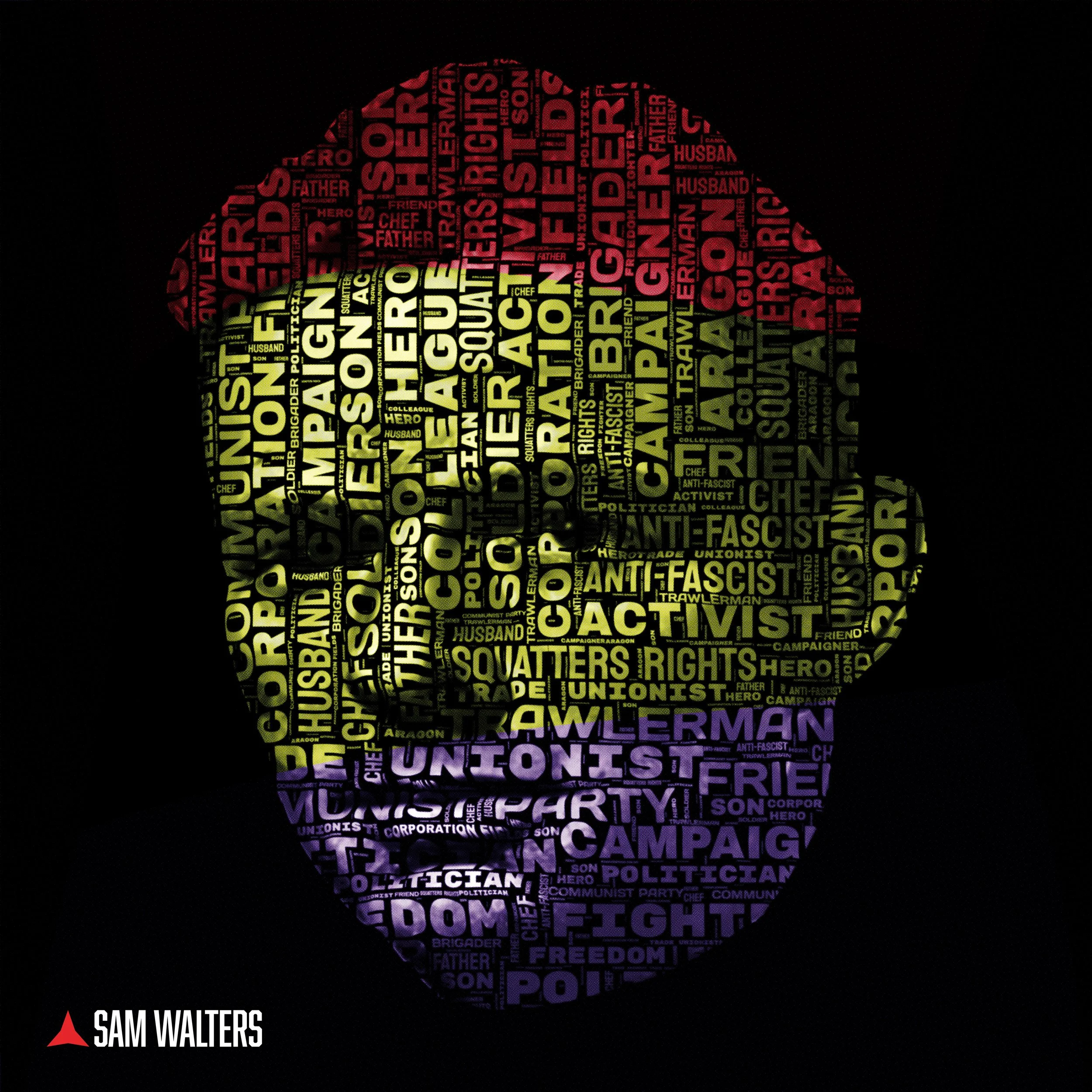 A heart-shaped word collage with words like 'fighter,' 'resist,' 'freedom,' and 'campaign' in various colors on a black background, and the name 'Sam Walters' with a red arrow pointing to it in the bottom left corner.