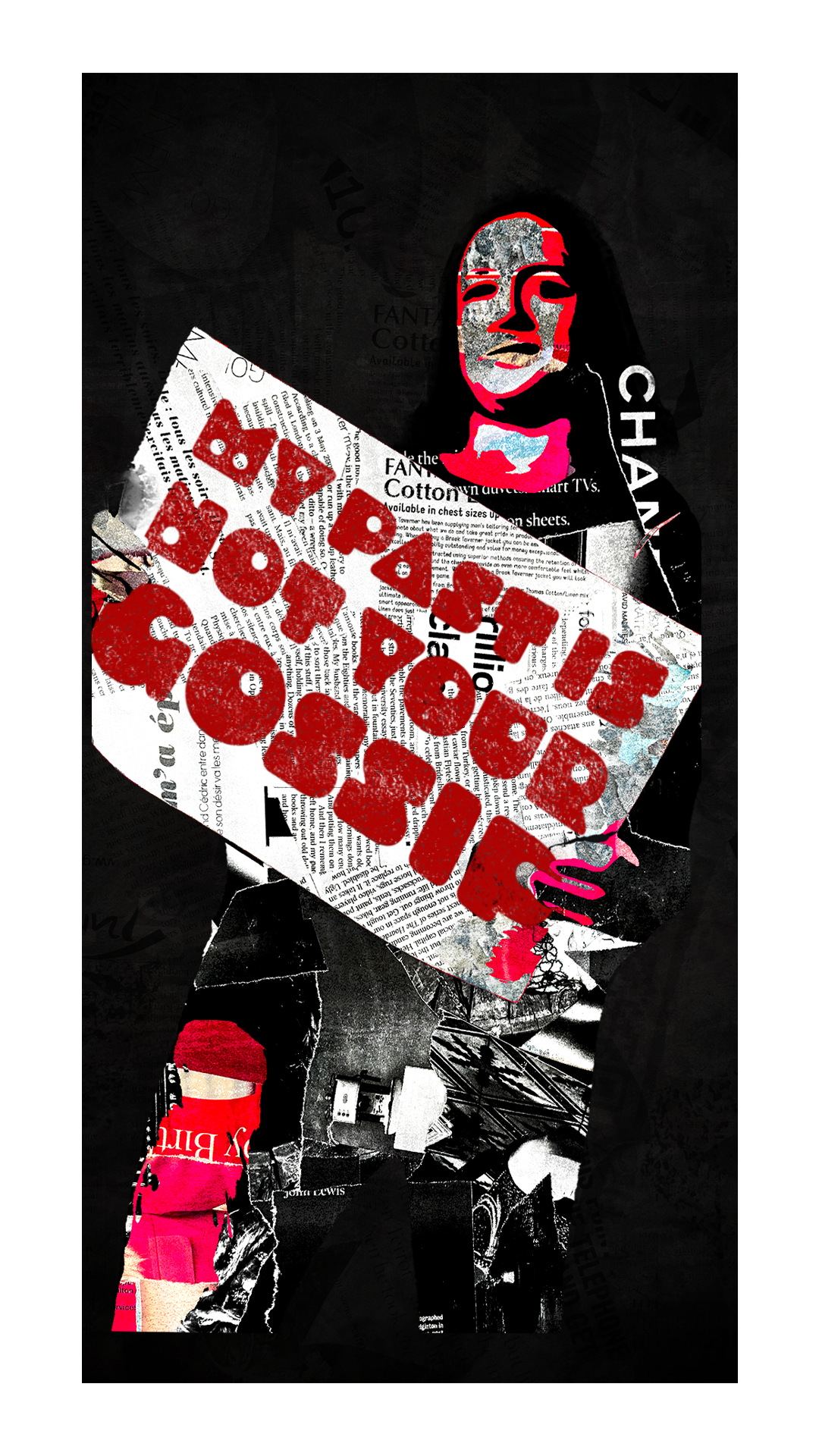 Collage of a woman holding a sign with red text, surrounded by black and white newspaper clippings, with a dark background.