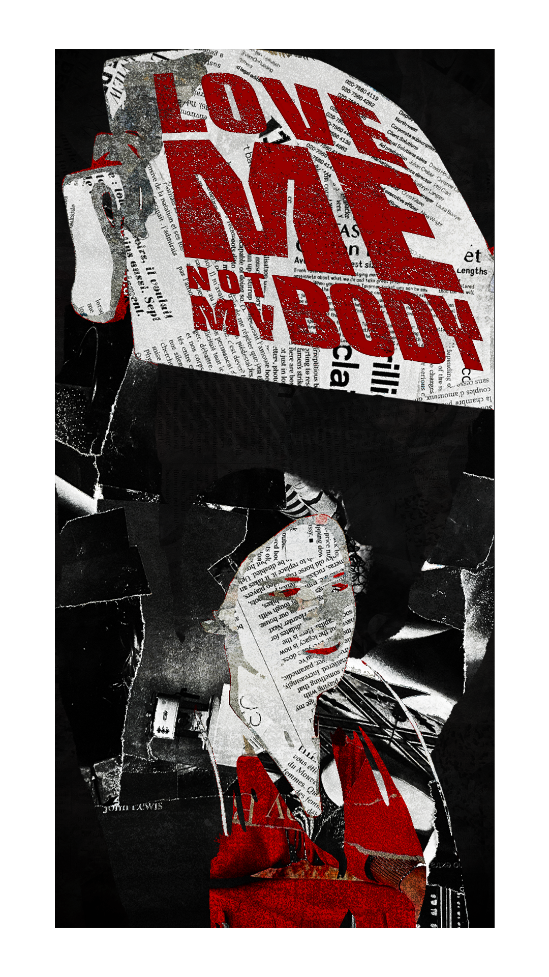 Collage-style artwork featuring a woman with makeup and red lipstick, with red text that says "Love Not War" and a newspaper background.