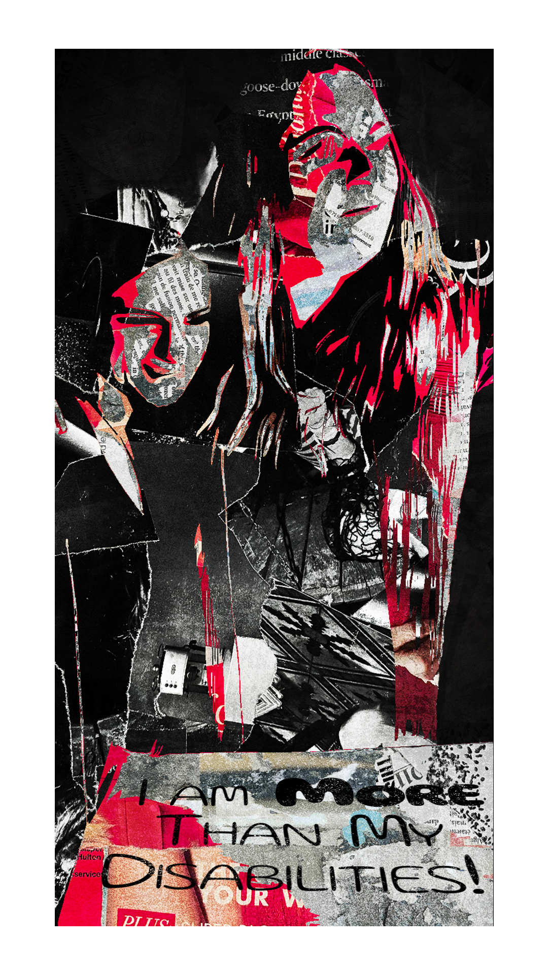 A collage-style digital artwork featuring a woman with long hair, partially obscured text, and blended images with red, black, and white colors.