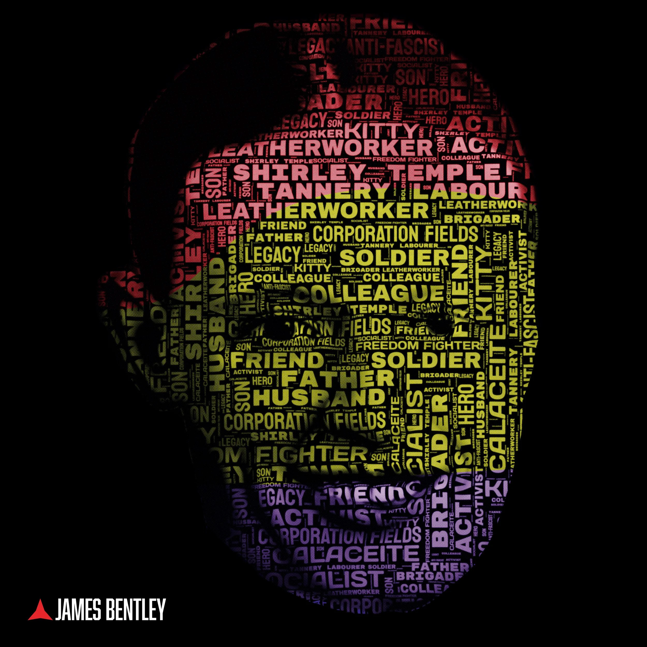 A word cloud shaped like a skull with words related to labor, activism, and history in various shades of red, yellow, purple, and pink, set against a black background. The bottom left corner shows the name "James Bentley" with a red triangular logo.