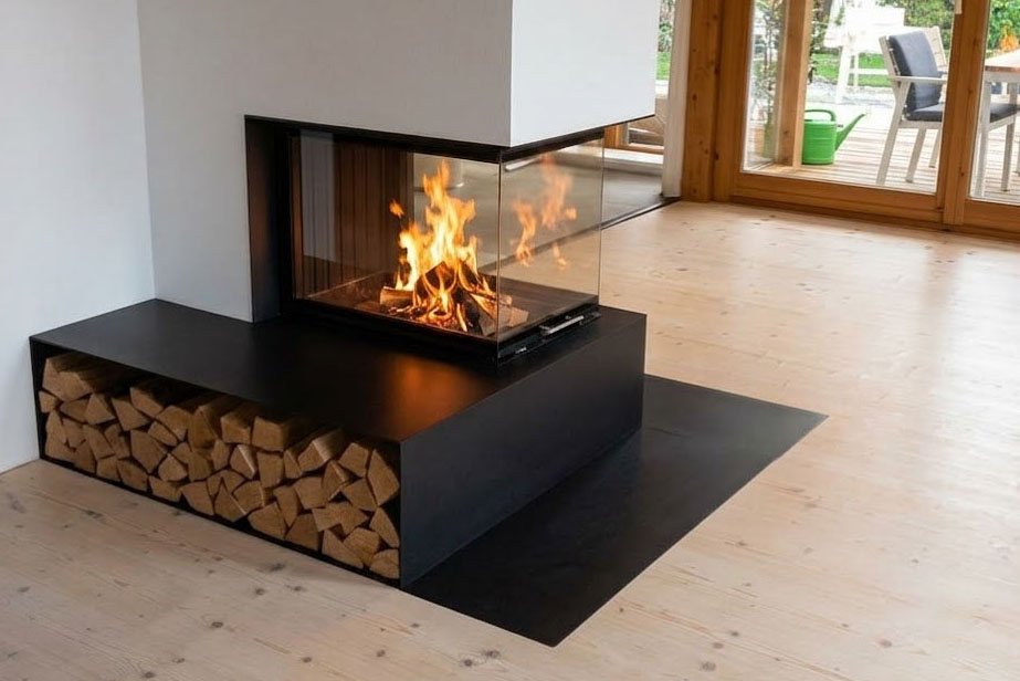 moderner gaskamin mit einem holzvorrat unten drunter. der kamin ist weiss und schwarz