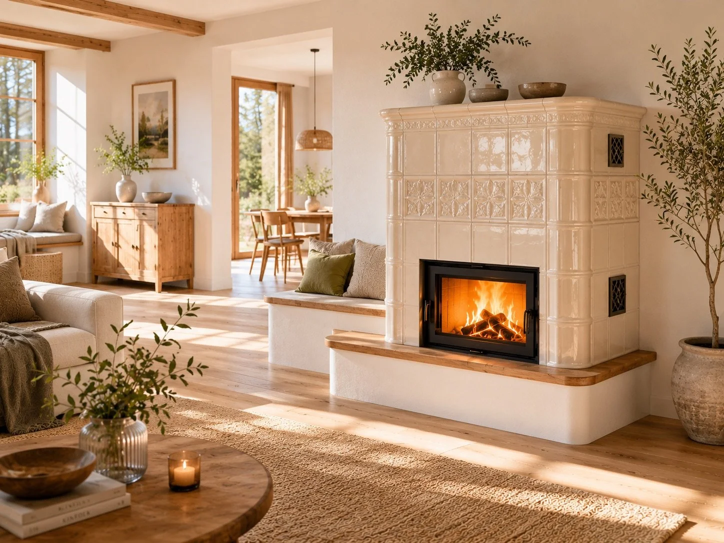ein wohnraum mit warmer sonne erleuchtet und im mittelpunkt ein heller grundofen bzw. kachelofen in weiss mit hellem holz